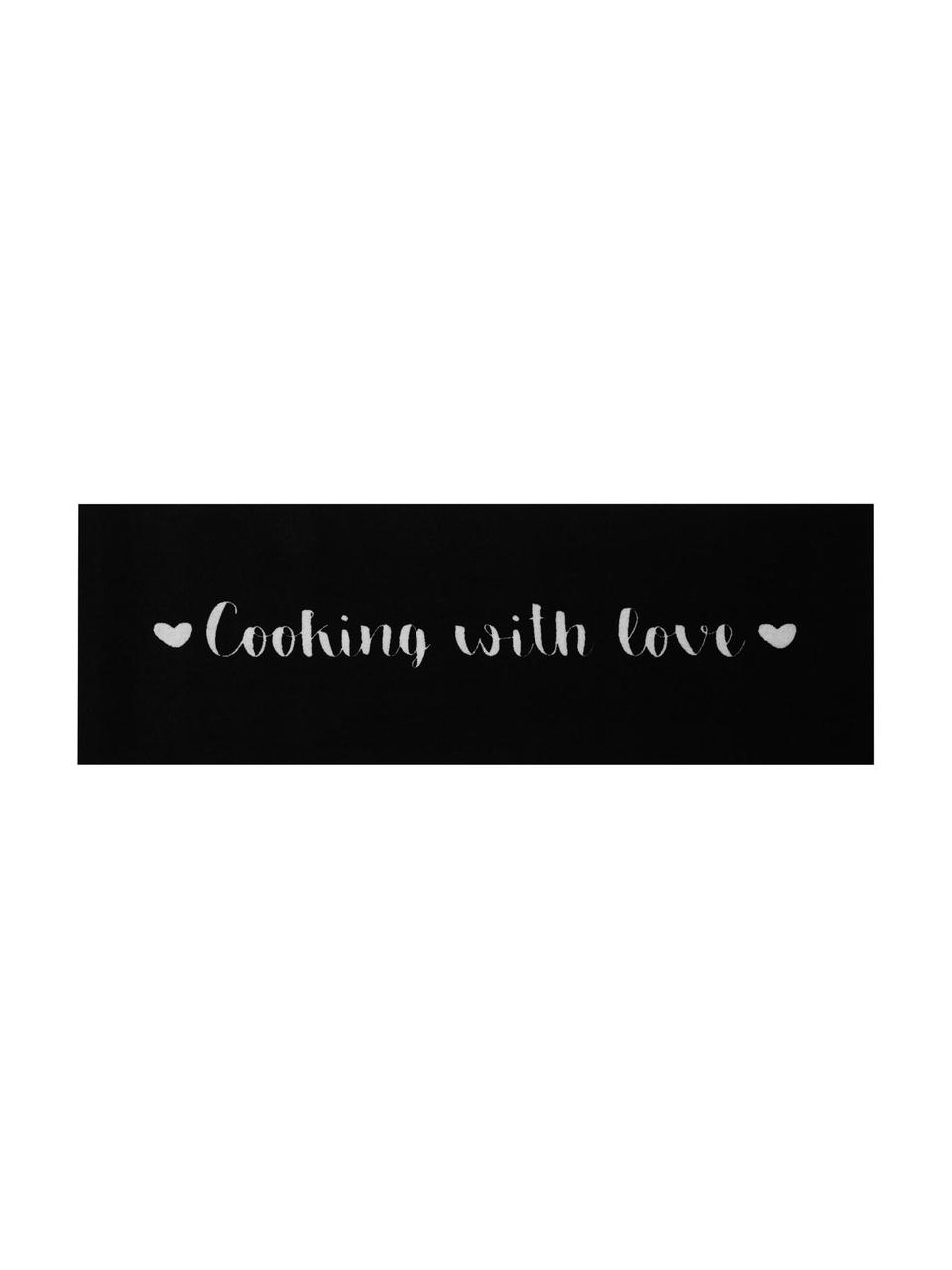 Wasbare keukenloper Cooking with Love, antislip, Onderzijde: rubber, Wit met zwarte vlekken, B 50 x L 150 cm