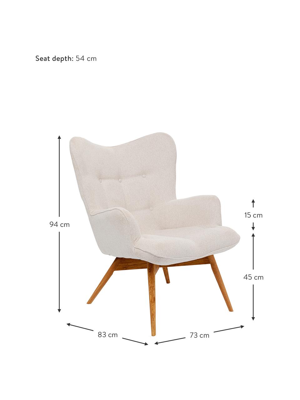 Poltrona con gambe in legno Vicky, Rivestimento: poliestere Il rivestiment, Gambe: legno di quercia, massicc, Color crema tessuto intrecciato, Larg. 73 x Prof. 83 cm