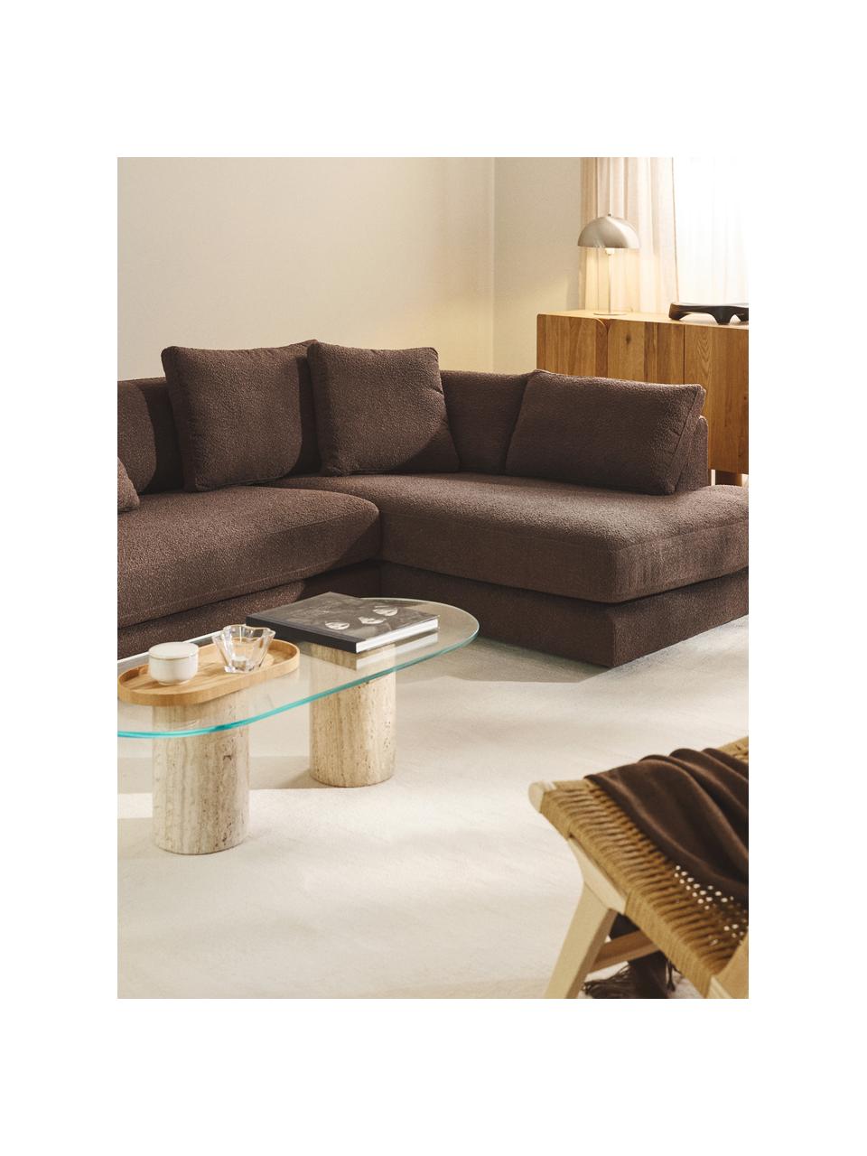 Sofa narożna Bouclé Tribeca, Tapicerka: Bouclé (93% poliester, 6%, Stelaż: drewno bukowe, drewno sos, Nogi: drewno sosnowe Ten produk, Ciemnobrązowy Bouclé, S 274 x G 192 cm, prawostronna