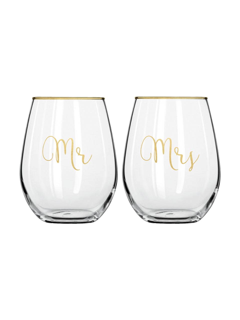 Glazenset Mr and Mrs met gouden opschrift, 2-delig, Glas, Transparant, goudkleurig, Ø 10 x H 13 cm