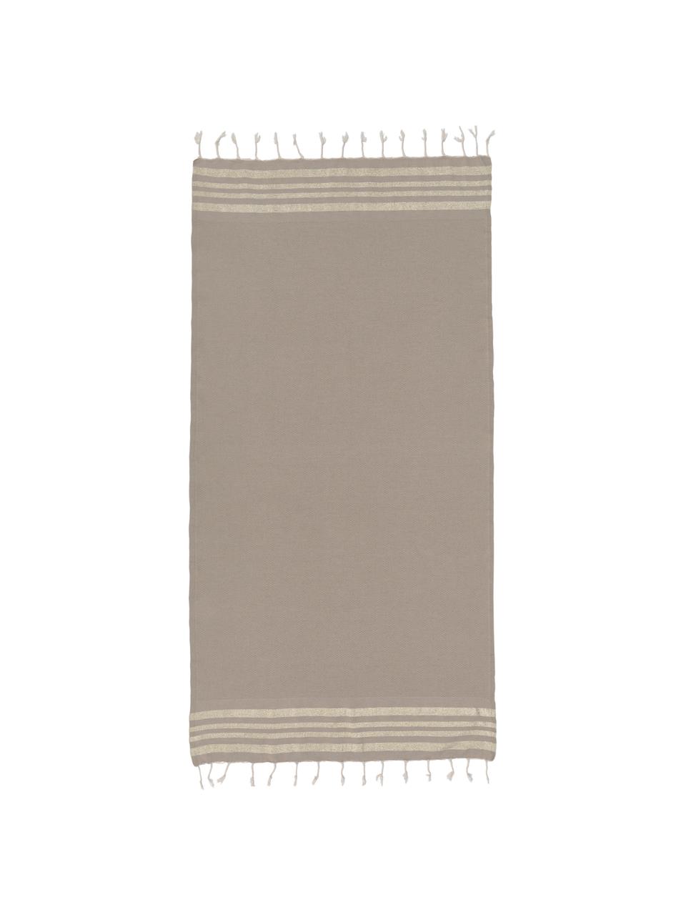 Strandtuch Hamptons mit Fransen und Goldstreifen, 100% Baumwolle, Beige, Goldfarben, Cremefarben, B 100 x L 200 cm