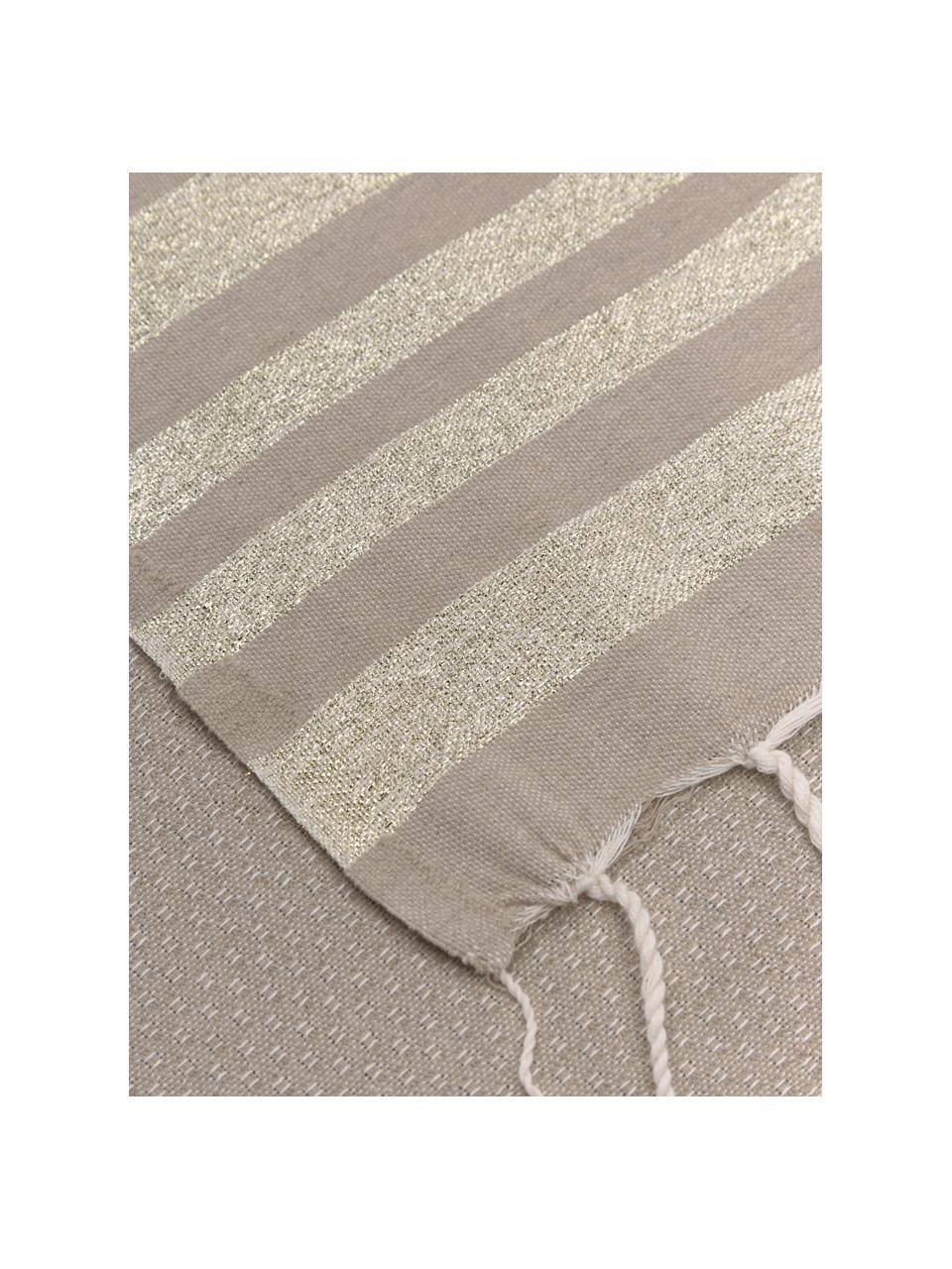 Strandtuch Hamptons mit Fransen und Goldstreifen, 100% Baumwolle, Beige, Goldfarben, Cremefarben, B 100 x L 200 cm