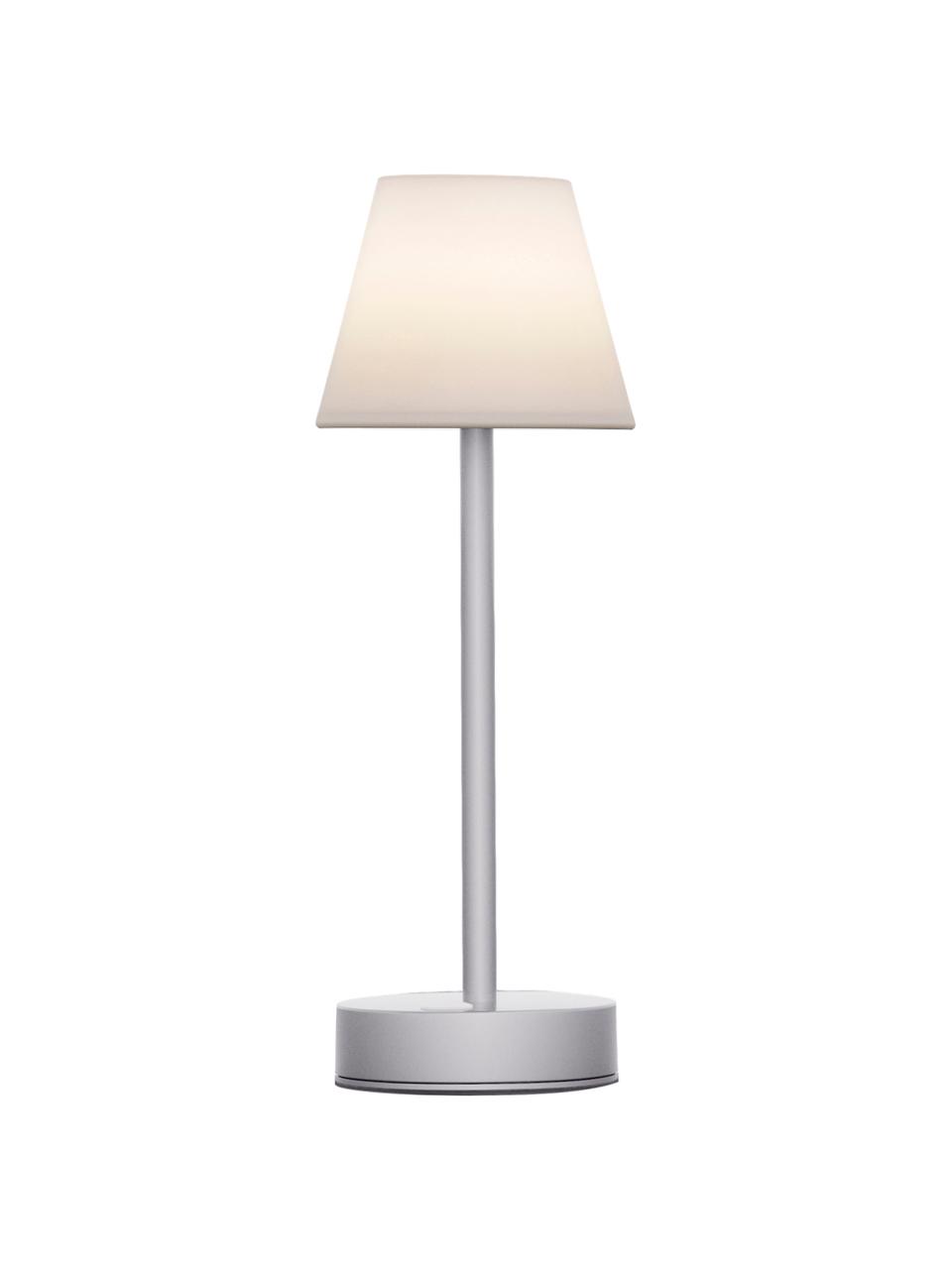 Mobiele dimbare LED outdoor tafellamp Lola met touchfunctie, Lampenkap: polypropyleen, Lampvoet: gecoat metaal, Wit, zilverkleurig, Ø 11 x H 32 cm