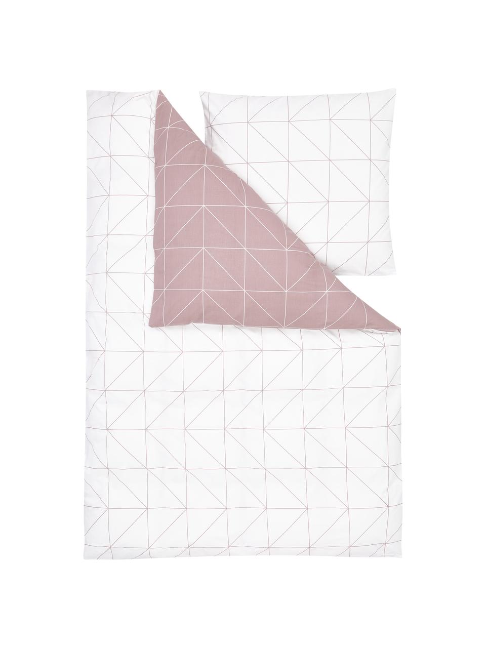Obojstranná posteľná bielizeň z bavlny s grafickým vzorom Marla, Tmavoružová, biela, 200 x 200 cm + 2 vankúše 80 x 80 cm