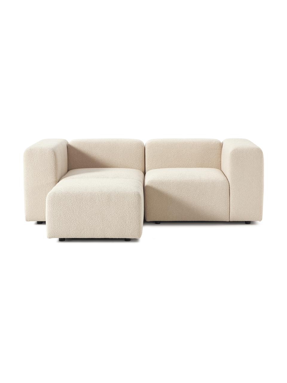 Divano componibile 3 posti in bouclé con poggiapiedi Lena, Rivestimento: bouclé (93% poliestere, 6, Rivestimento: cuscino in schiuma con an, Struttura: legno di pino, compensato, Piedini: plastica, Bouclé beige, Larg. 209 x Prof. 181 cm