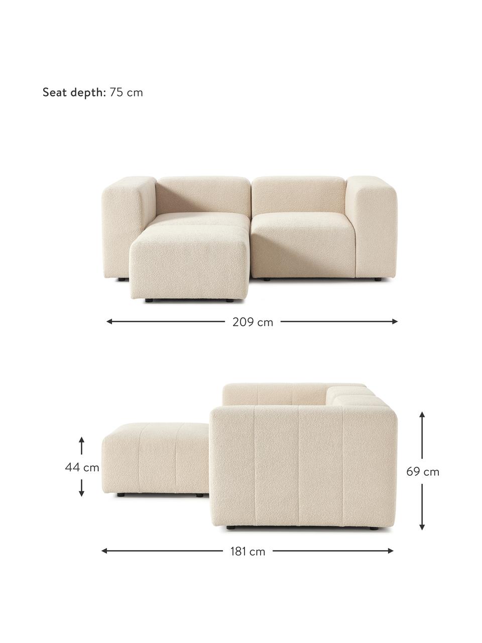 Sofá modular bouclé Lena (3 plazas), con reposapiés, Tapizado: Bouclé (93% poliéster, 6%, Estructura: madera de pino, contracha, Patas: plástico, Bouclé beige, An 209 x F 181 cm
