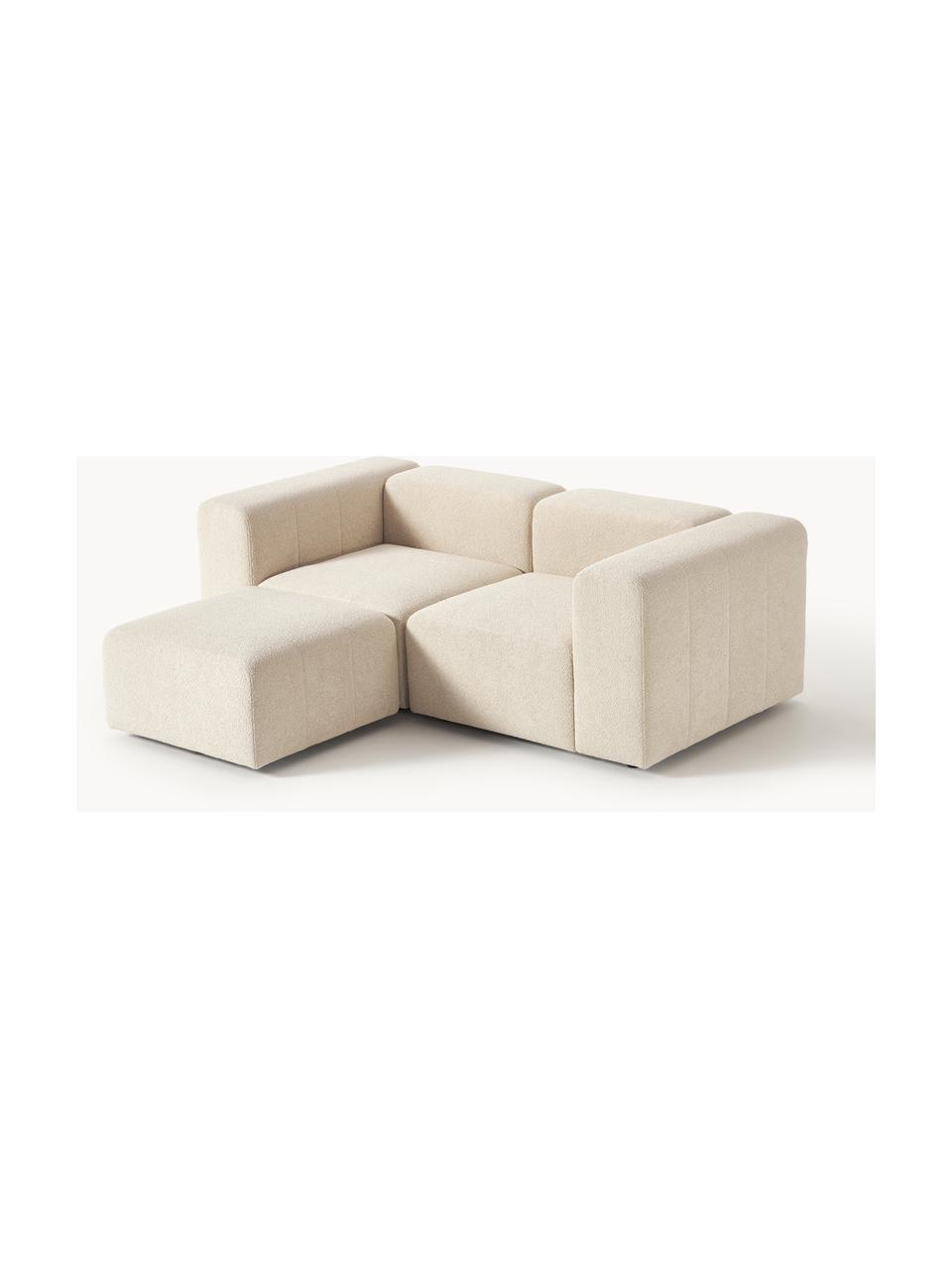 Sofá modular bouclé Lena (3 plazas), con reposapiés, Tapizado: tejido (88% poliéster, 12, Estructura: madera de pino, contracha, Patas: plástico, Bouclé beige claro, An 209 x F 181 cm