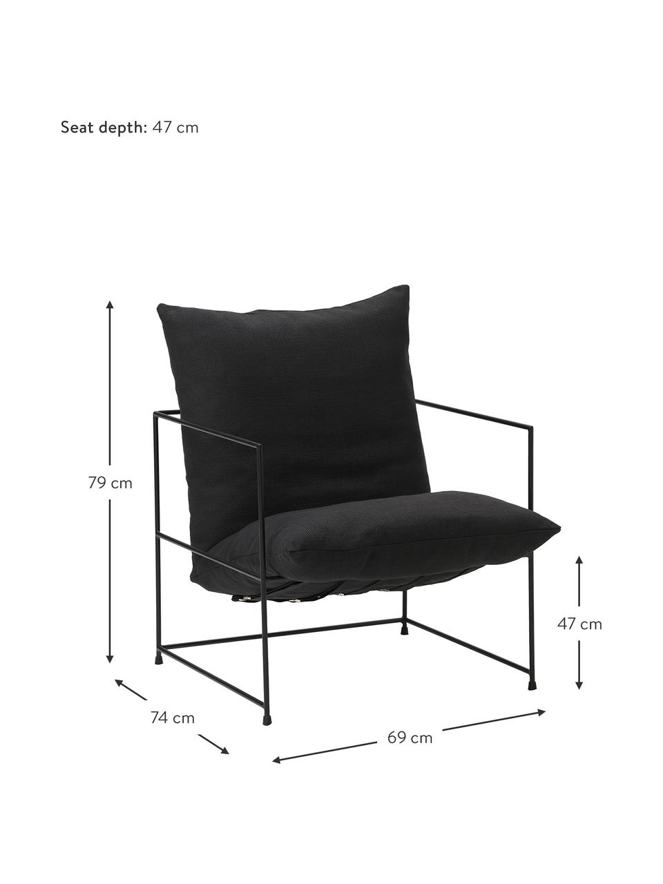 Fauteuil lounge gris foncé cadre en métal Wayne, Tissu noir, larg. 69 x prof. 74 cm