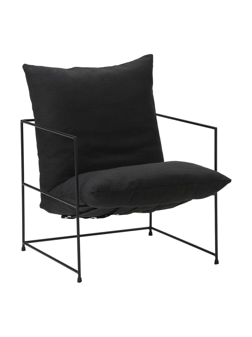 Gestoffeerde fauteuil Wayne met metalen frame, Bekleding: 80% polyester, 20% linnen, Frame: gepoedercoat metaal, Geweven stof zwart, B 69 x D 74 cm