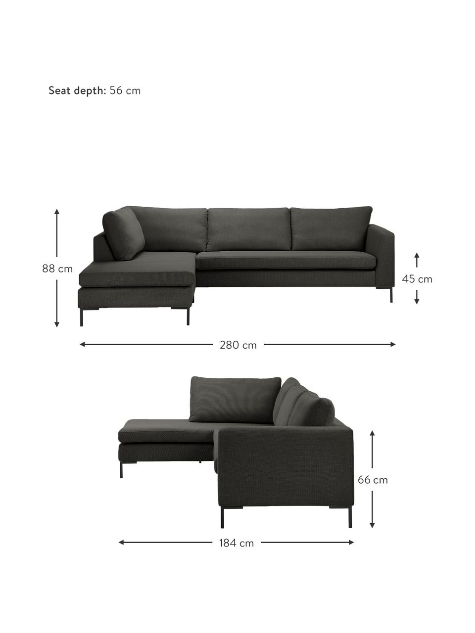 Divano angolare Luna, Rivestimento: 100% poliestere Il rivest, Struttura: legno massiccio di faggio, Piedini: metallo zincato, Tessuto antracite, Larg. 280 x Prof. 184 cm, chaise-longue a sinistra