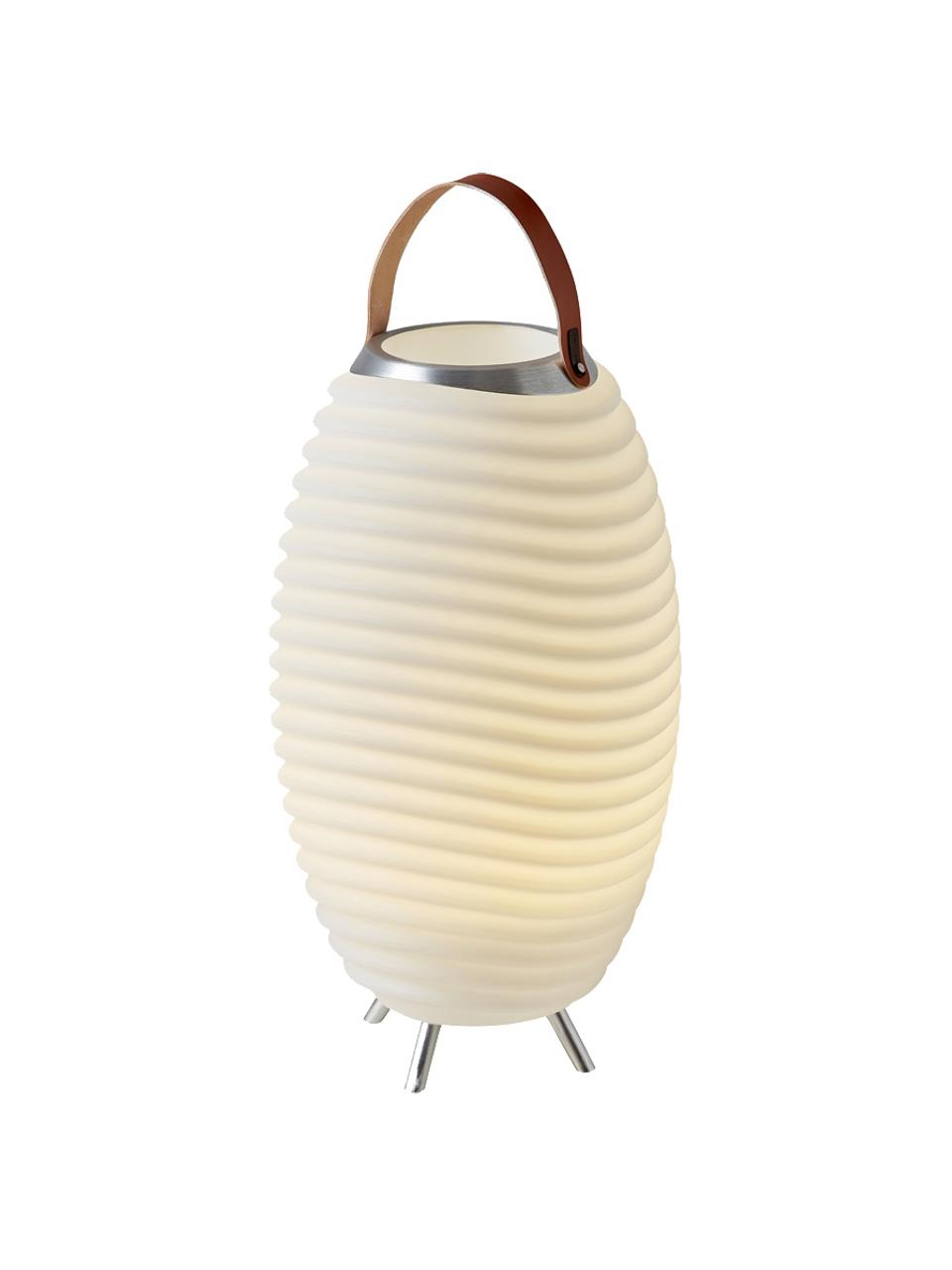 Lámpara cubitera para exterior Synergy S, con altavoz, Pantalla: plástico, Asa: cuero, Blanco, cromo, marrón, Ø 32 x Al 56 cm