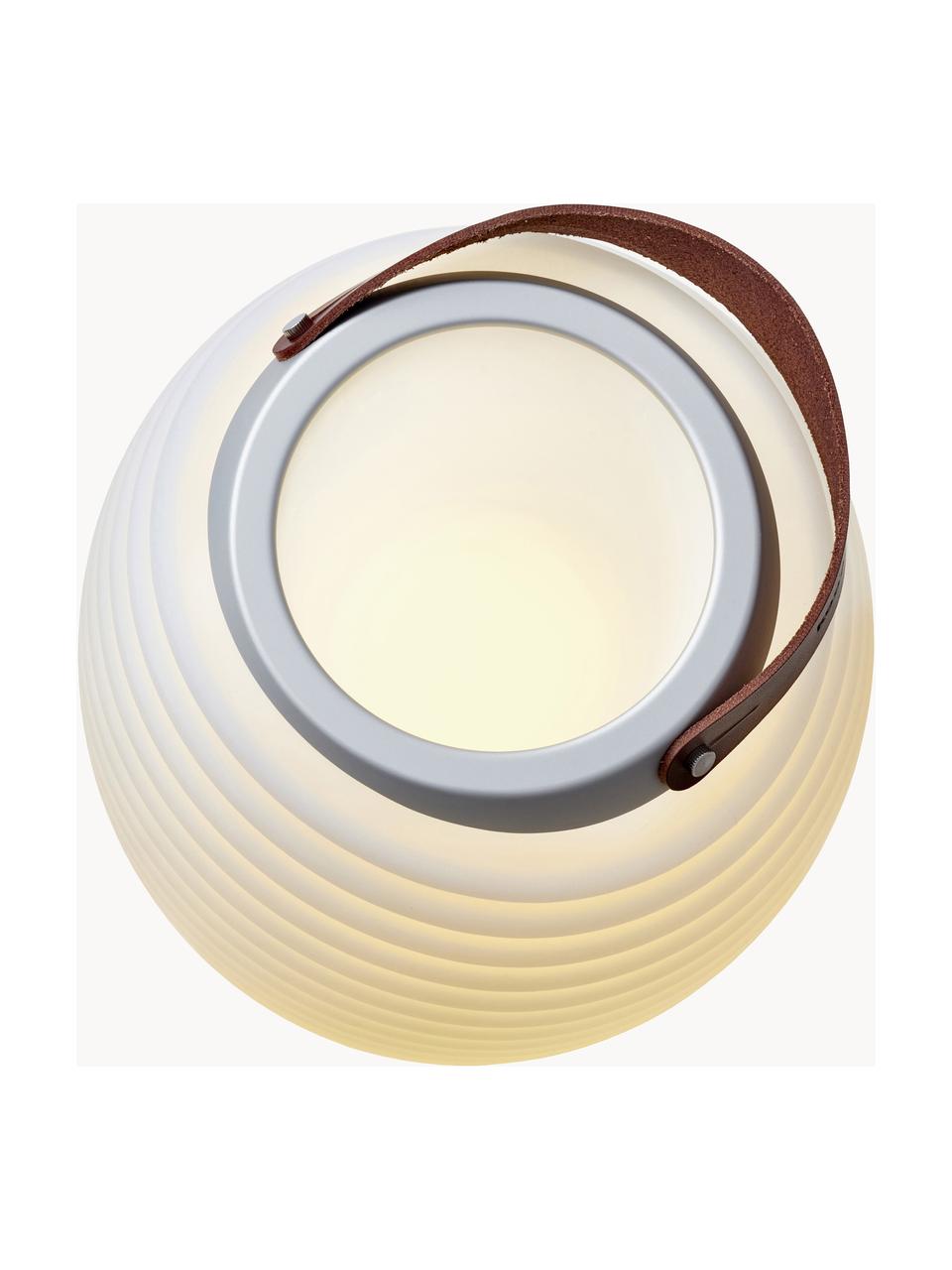 Lampada portatile da giardino a LED con luce regolabile, altoparlante e funzione glacette Synergy S, Paralume: plastica, Manico: pelle, Bianco, marrone, Ø 32 x Alt. 56 cm