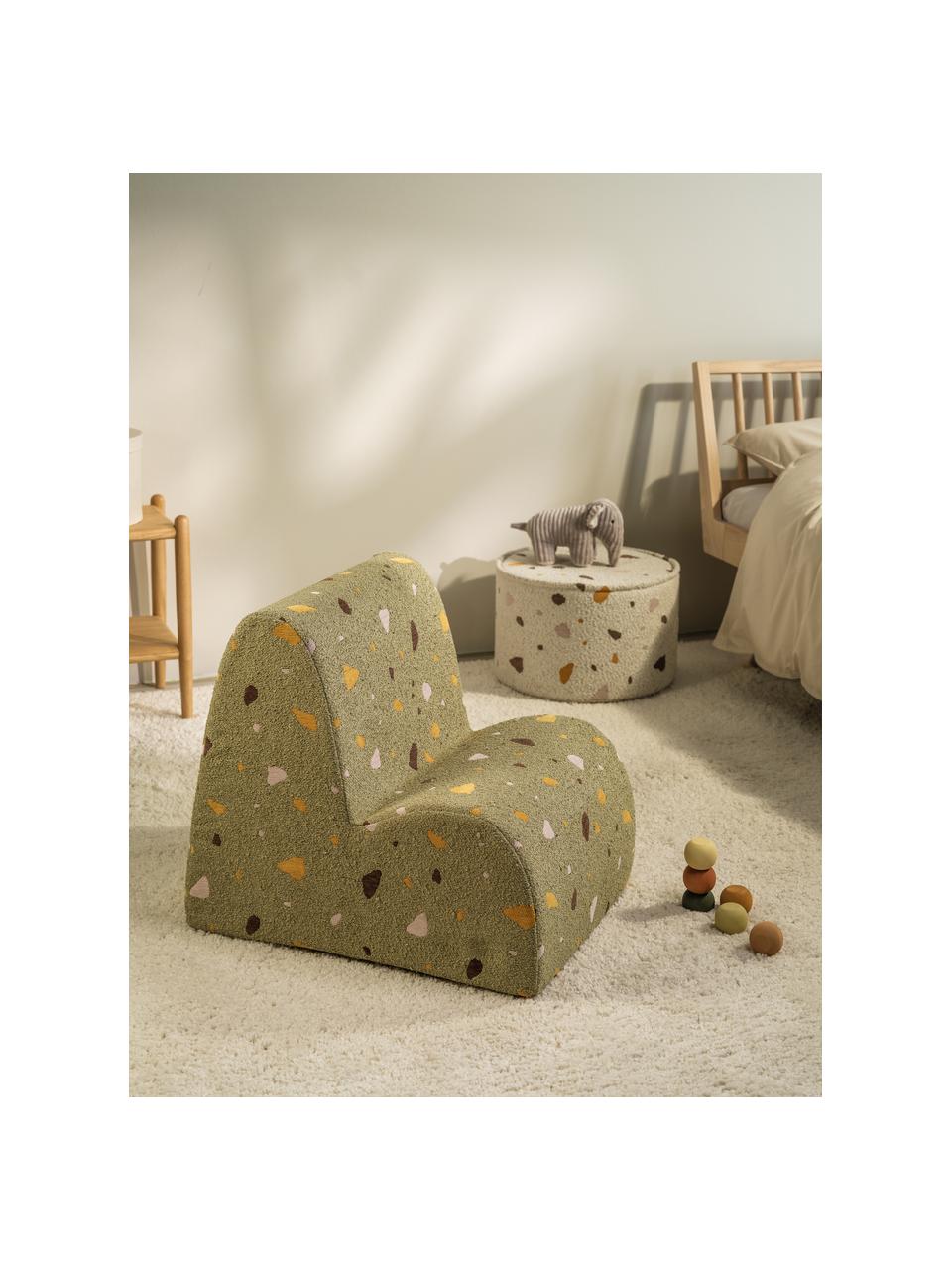 Fauteuil en bouclette pour enfants fait main Cloud, Bouclette vert olive, aspect terrazzo, larg. 50 x haut. 60 cm