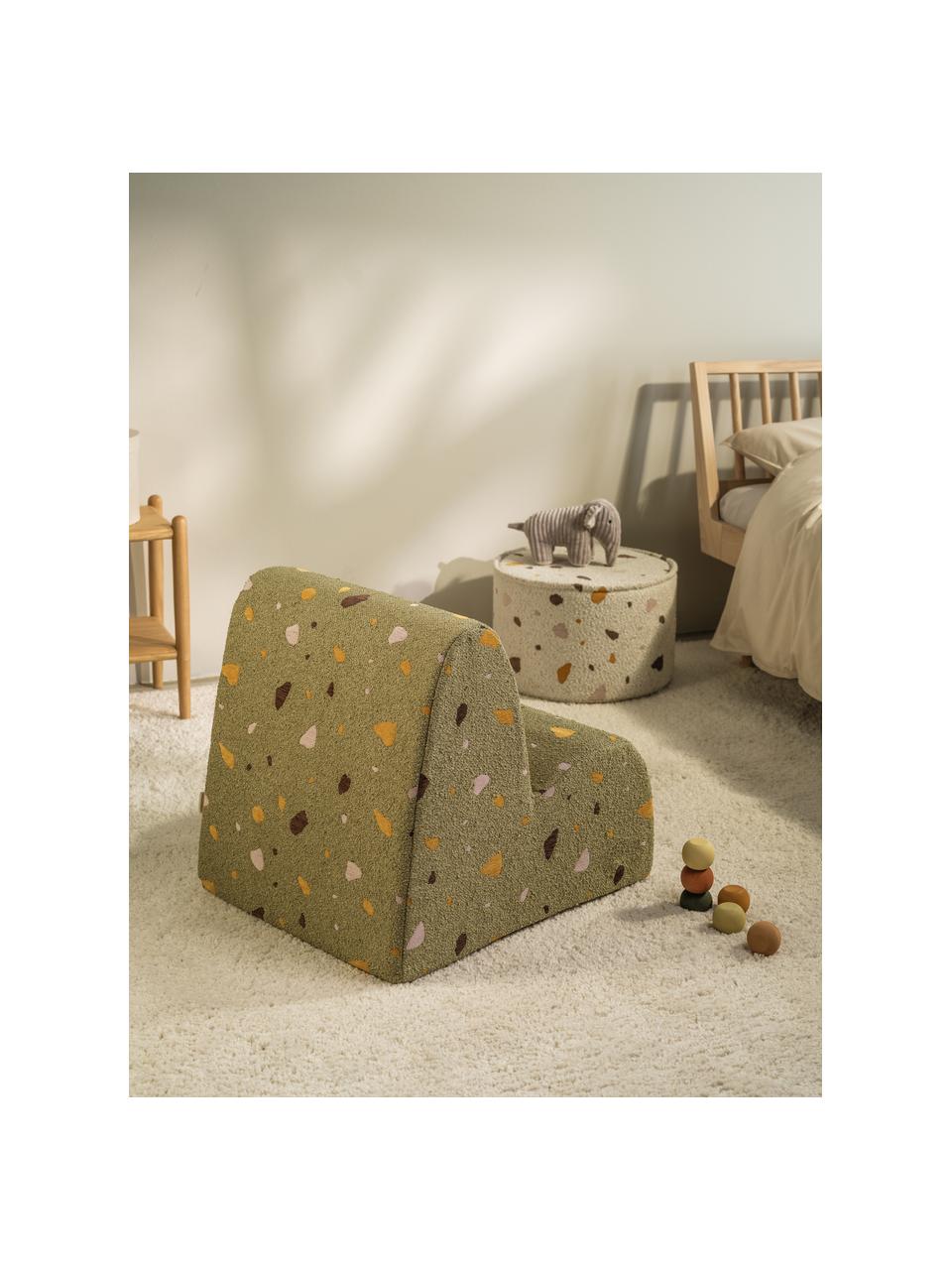 Fauteuil en bouclette pour enfants fait main Cloud, Bouclette vert olive, aspect terrazzo, larg. 50 x haut. 60 cm