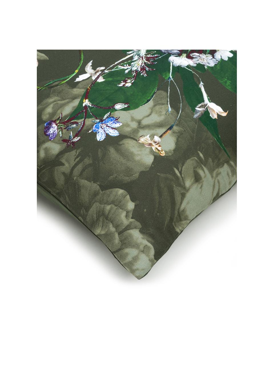 Baumwollsatin-Bettwäsche Fleur mit Blumen-Muster, Webart: Satin Fadendichte 209 TC,, Vorderseite: Dunkelgrün, Weiss, Gelb; Rückseite: Dunkelgrün, 135 x 200 cm + 1 Kissen 80 x 80 cm