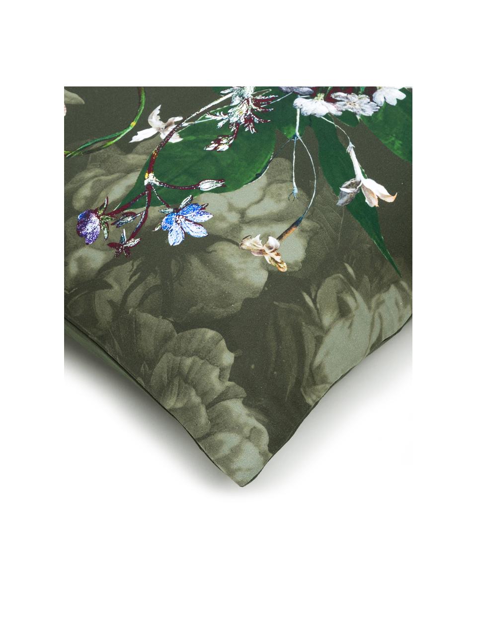 Povlečení z bavlněného saténu s květinovým vzorem Fleur, Tmavě zelená, 135 x 200 cm + 1 polštář 80 x 80 cm