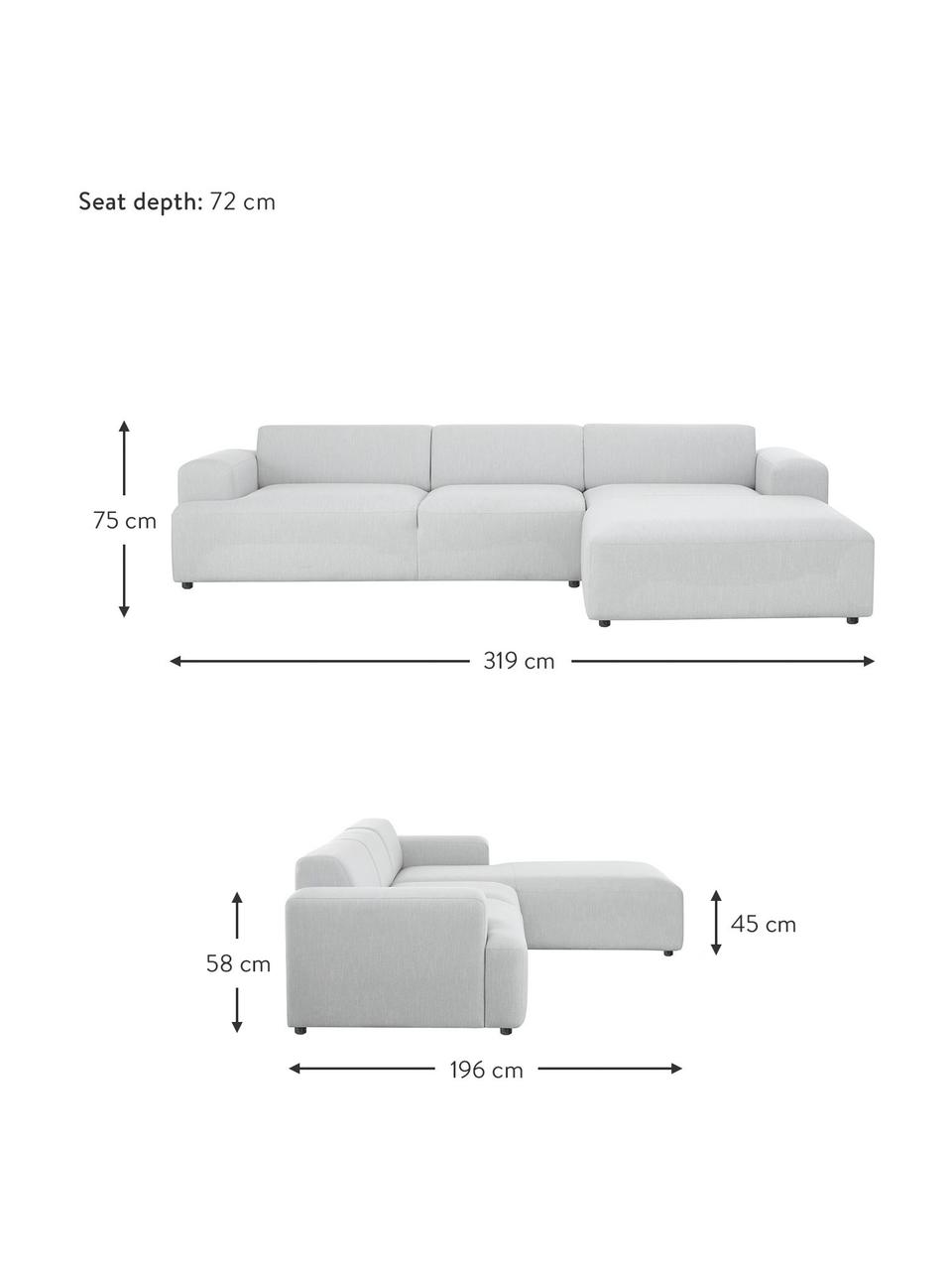 Ecksofa Melva (4-Sitzer) in Hellgrau, Bezug: 100% Polyester Der hochwe, Gestell: Massives Kiefernholz, FSC, Webstoff Hellgrau, B 319 x T 196 cm