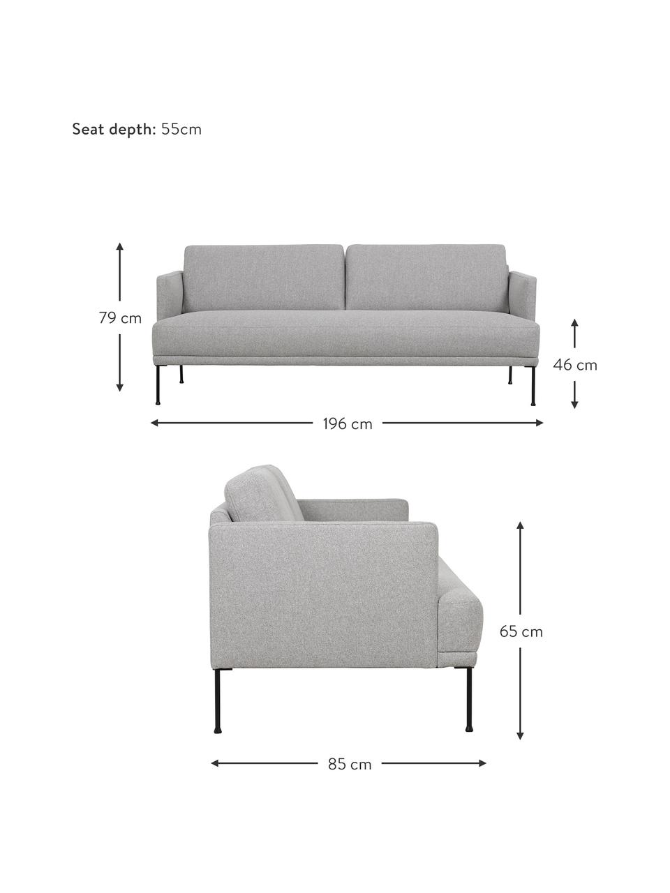 Sofa z metalowymi nogami Fluente (3-osobowa), Tapicerka: 80% poliester, 20% ramia , Stelaż: lite drewno sosnowe z cer, Nogi: metal malowany proszkowo, Jasnoszara tkanina, S 196 x G 85 cm