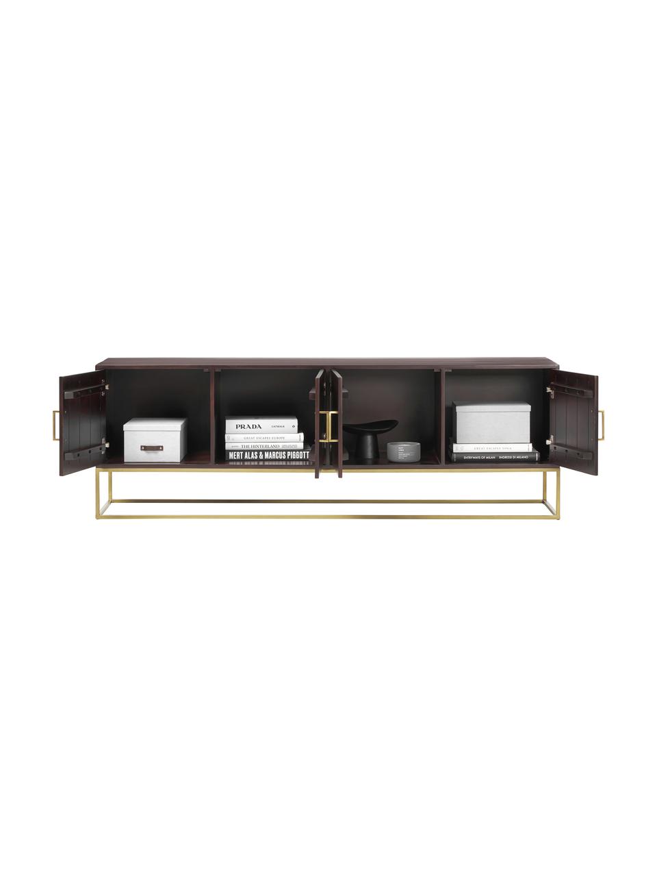 Credenza bassa in legno di mango massiccio Lyle, Struttura e maniglie: metallo verniciato a polv, Legno di mango scuro, dorato, Larg. 180 x Alt. 60 cm