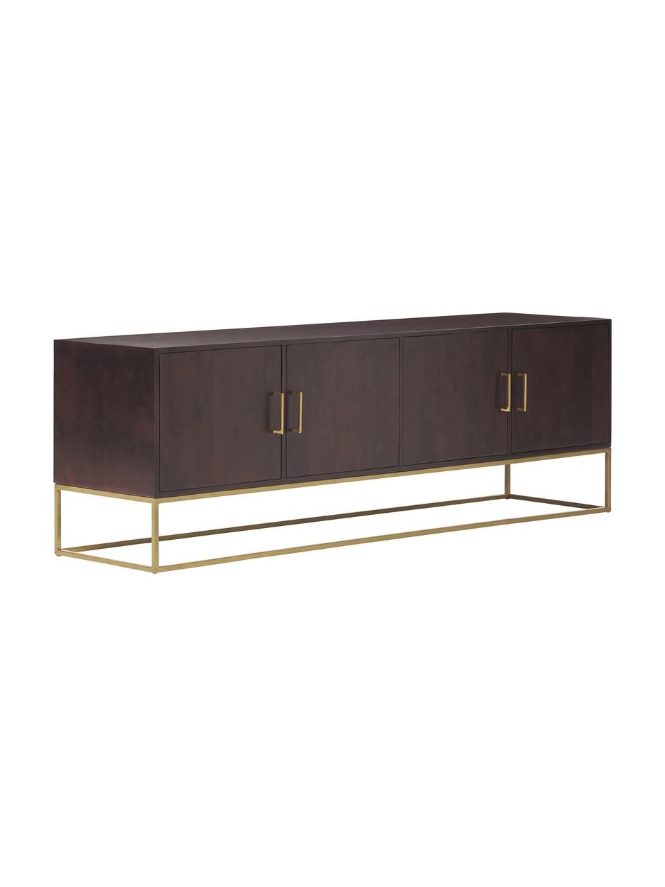 Credenza bassa in legno di mango massiccio Lyle, Struttura e maniglie: metallo verniciato a polv, Legno di mango scuro, dorato, Larg. 180 x Alt. 60 cm
