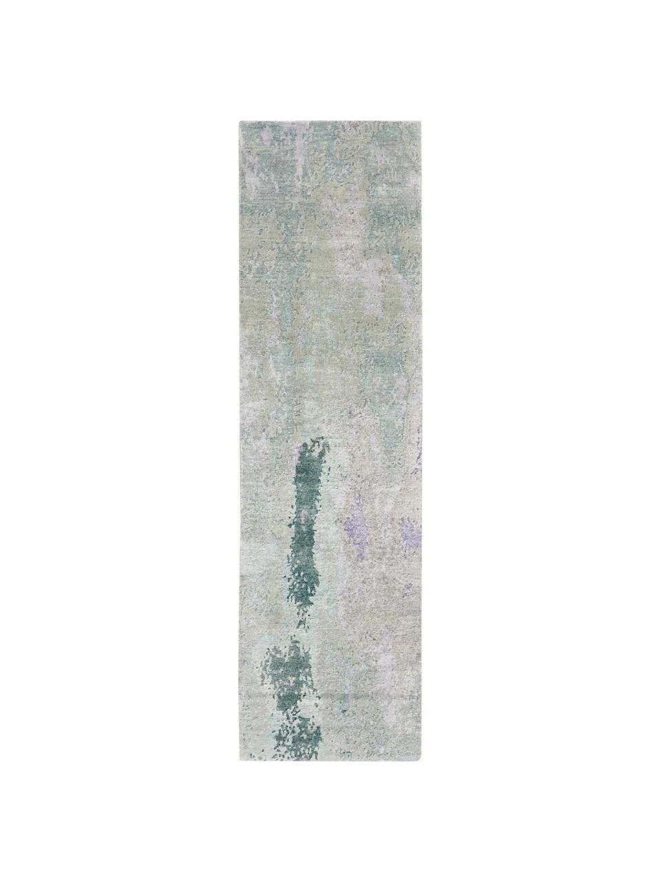 Passatoia in viscosa tessuto a mano Silk Shadows, 75% viscosa, 25% lana neozelandese, Tonalità verdi, tonalità blu, lilla, Larg. 70 x Lung. 250 cm