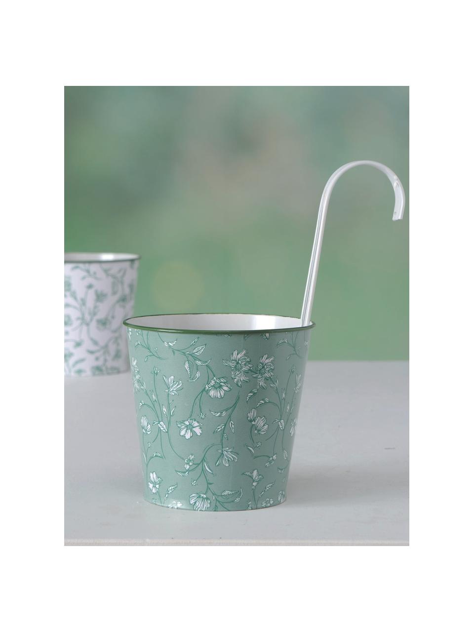 Cache-pot métal avec motif floral Silka, 2 élém., Métal, revêtement par poudre, Vert, blanc, Ø 13 x haut. 24 cm