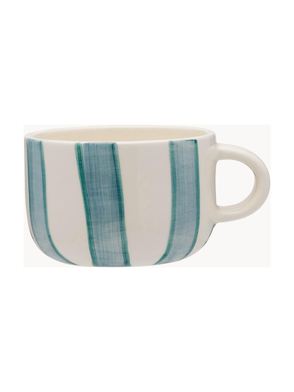 Handbemalte Tasse Powder Striped, Steingut, Off White, Türkisgrün, Graublau, Ø 10 x H 7 cm, 300 ml