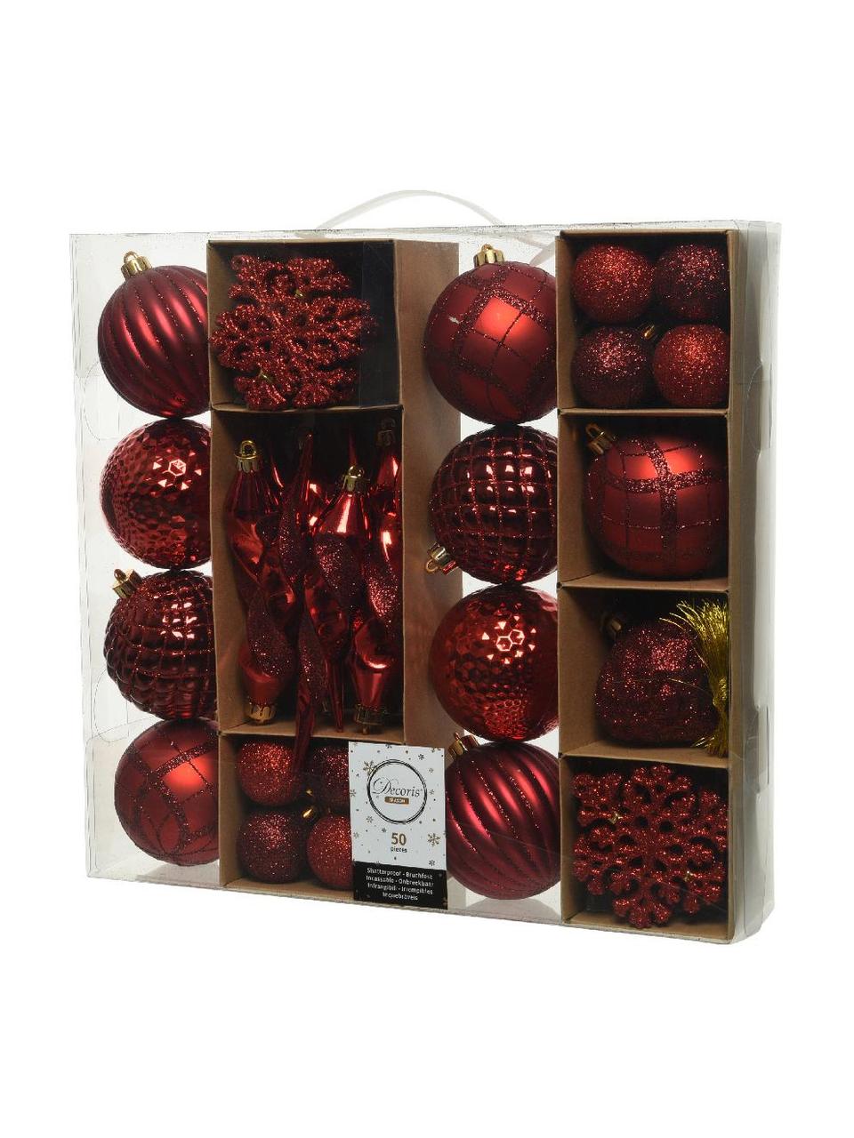 Set de adornos navideños irrompibles Valerie, 50 uds., Plástico irrompible, Rojo vino, Set de diferentes tamaños