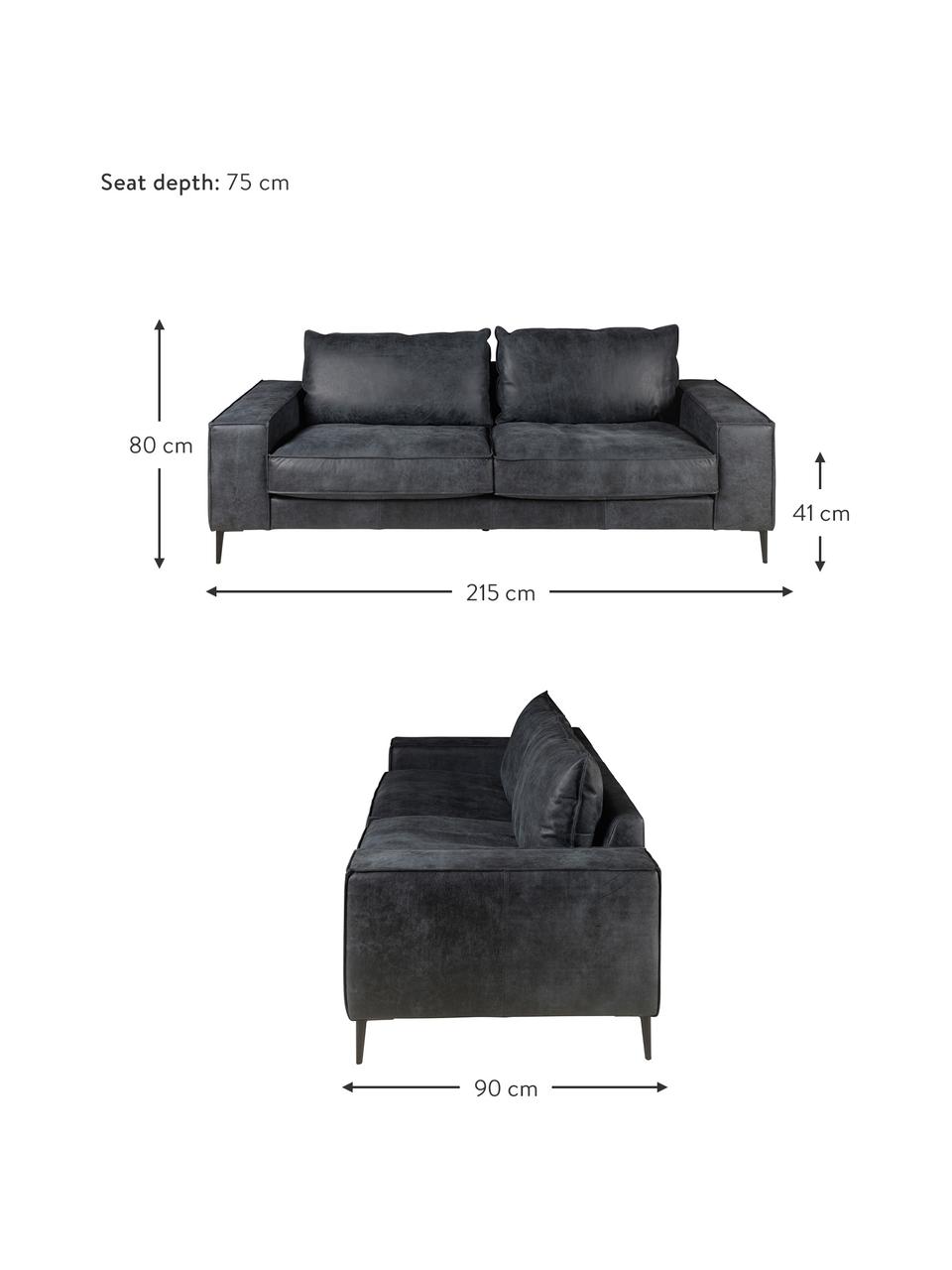 Divano 3 posti in pelle Brett, Rivestimento: pelle bovina liscia, Struttura: alluminio, verniciato, Pelle nero-grigio, Larg. 215 x Prof. 90 cm