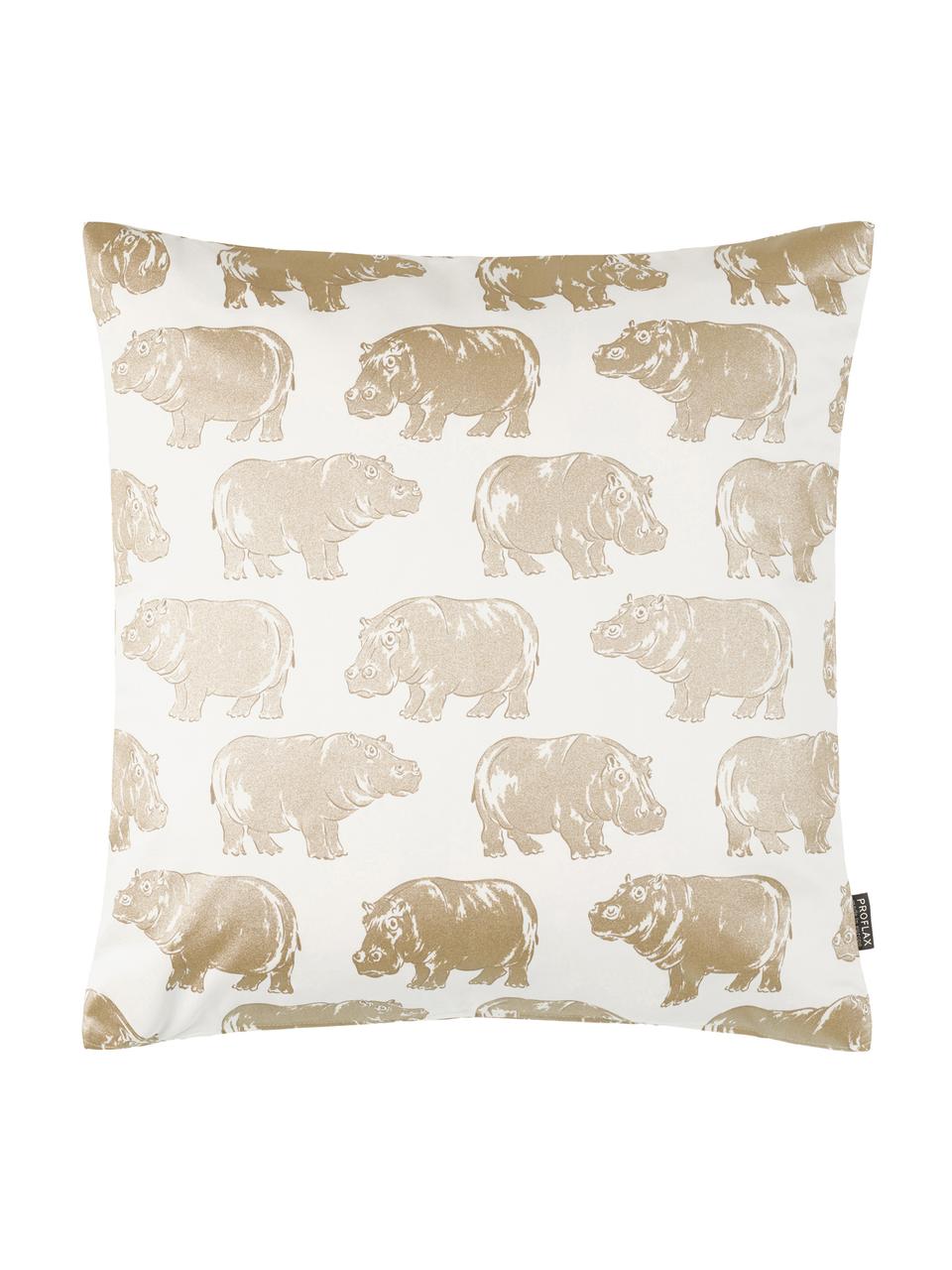 Kissenhülle Hippo mit Tierdruck in Gold/Creme, Baumwolle, Weiß, Goldfarben, 40 x 40 cm