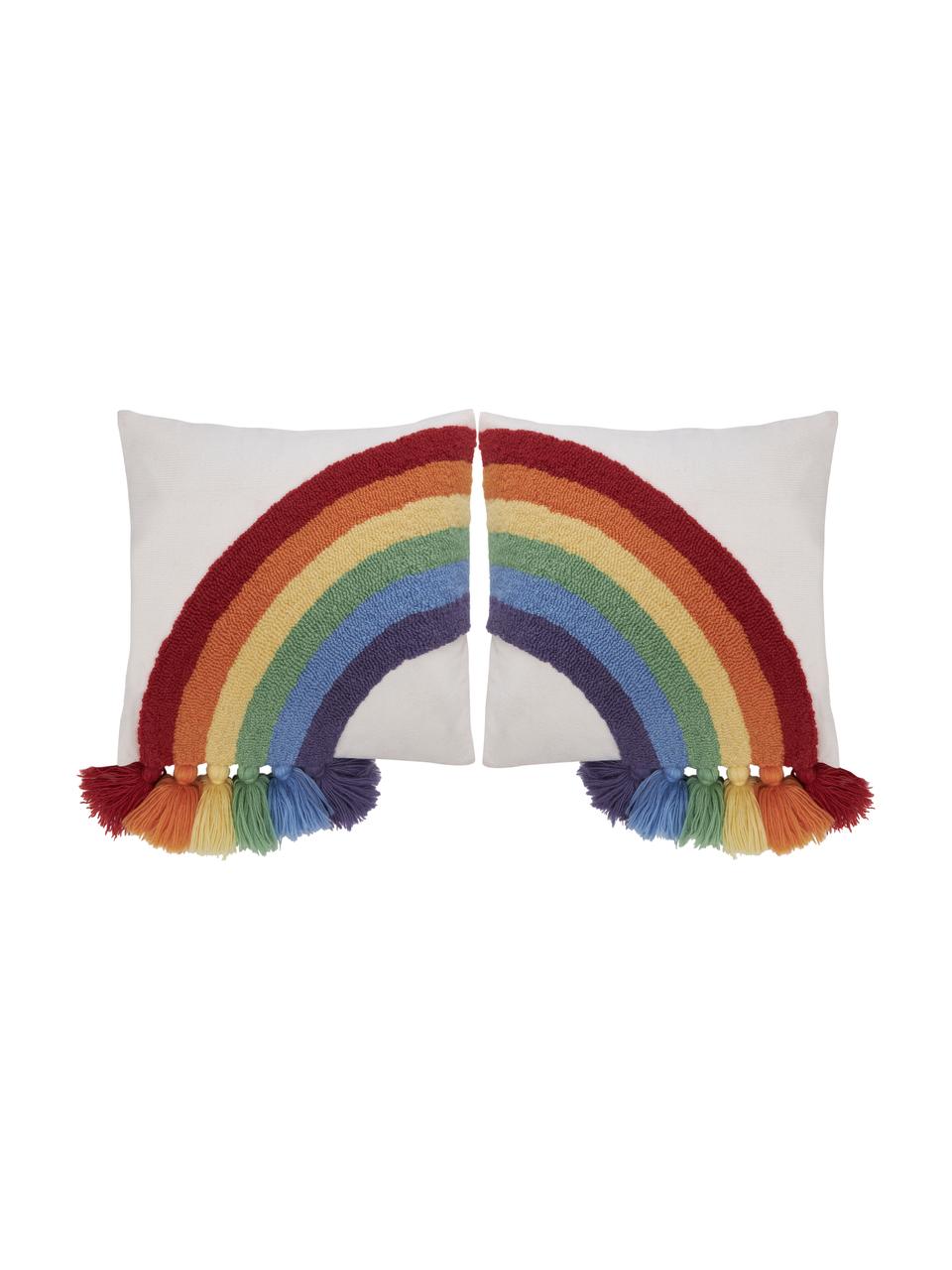 Kissenhüllen Cary mit Regenbogen und Quasten in Mehrfarbig, 2er-Set, Bezug: 100 % Baumwolle, Weiß, Bunt, B 45 x L 45 cm