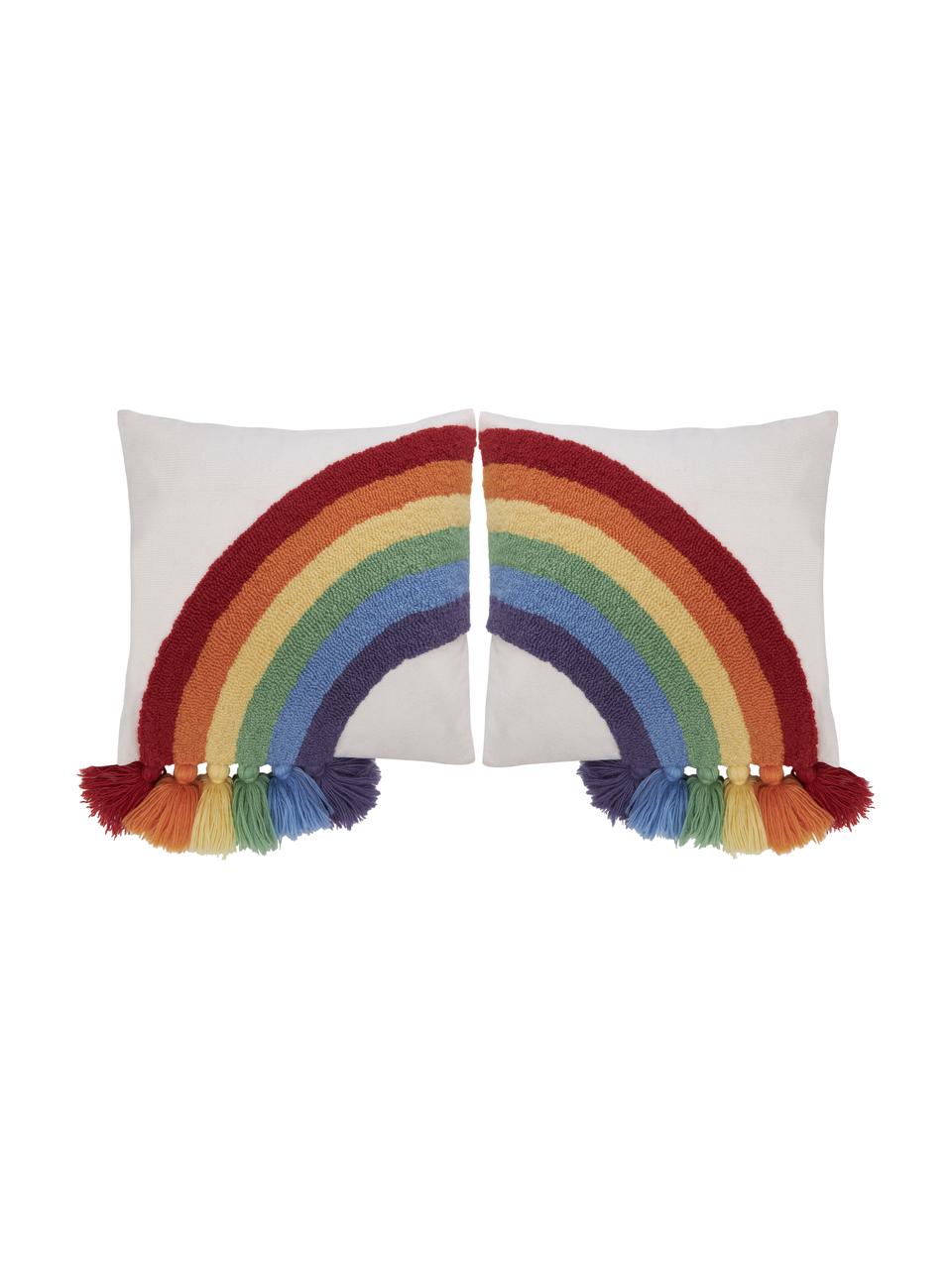 Kussenhoezen Cary met regenboog en kwastjes in multicolour, set van 2, Wit, multicolour, B 45 x L 45 cm