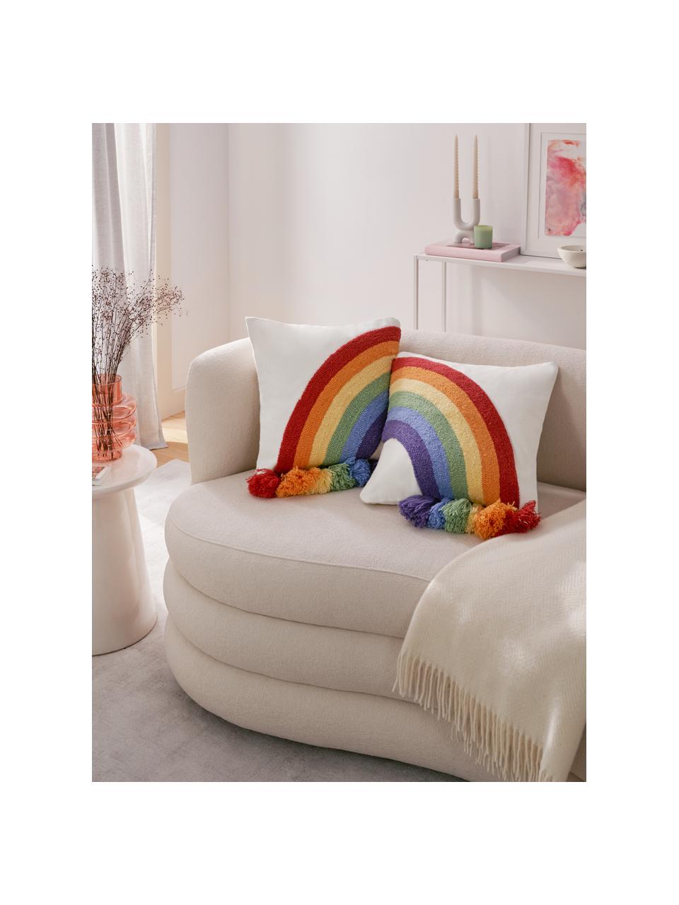 Set 2 federe arredo con arcobaleno e nappe multicolore Cary, Rivestimento: 100% cotone, Decorazione: 100% lana, Bianco, multicolore, Larg. 45 x Lung. 45 cm