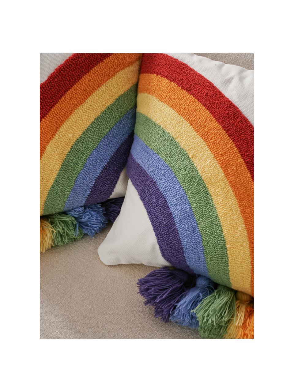 Kissenhüllen Cary mit Regenbogen und Quasten in Mehrfarbig, 2er-Set, Bezug: 100 % Baumwolle, Weiss, Bunt, B 45 x L 45 cm