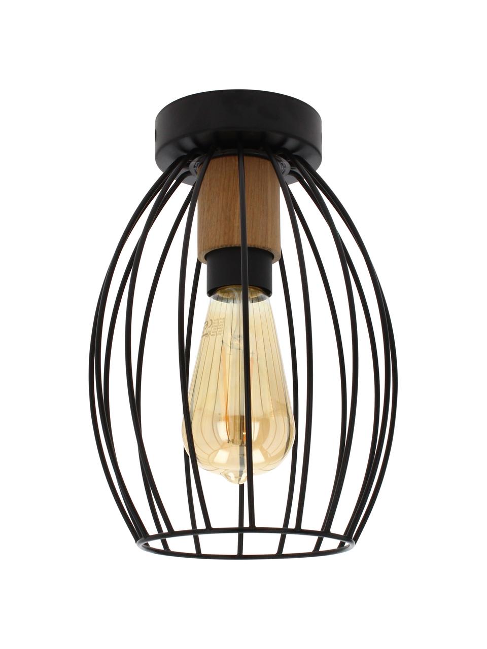 Lampada da soffitto con decoro in legno Gunnar, Paralume: metallo rivestito, Baldacchino: metallo rivestito, Nero, marrone, Ø 18 x Alt. 26 cm