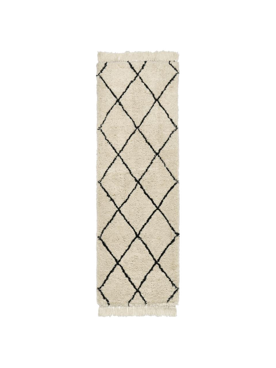 Tapis moelleux à poils longs avec franges, tufté main Naima, Blanc crème, larg. 80 x long. 300 cm