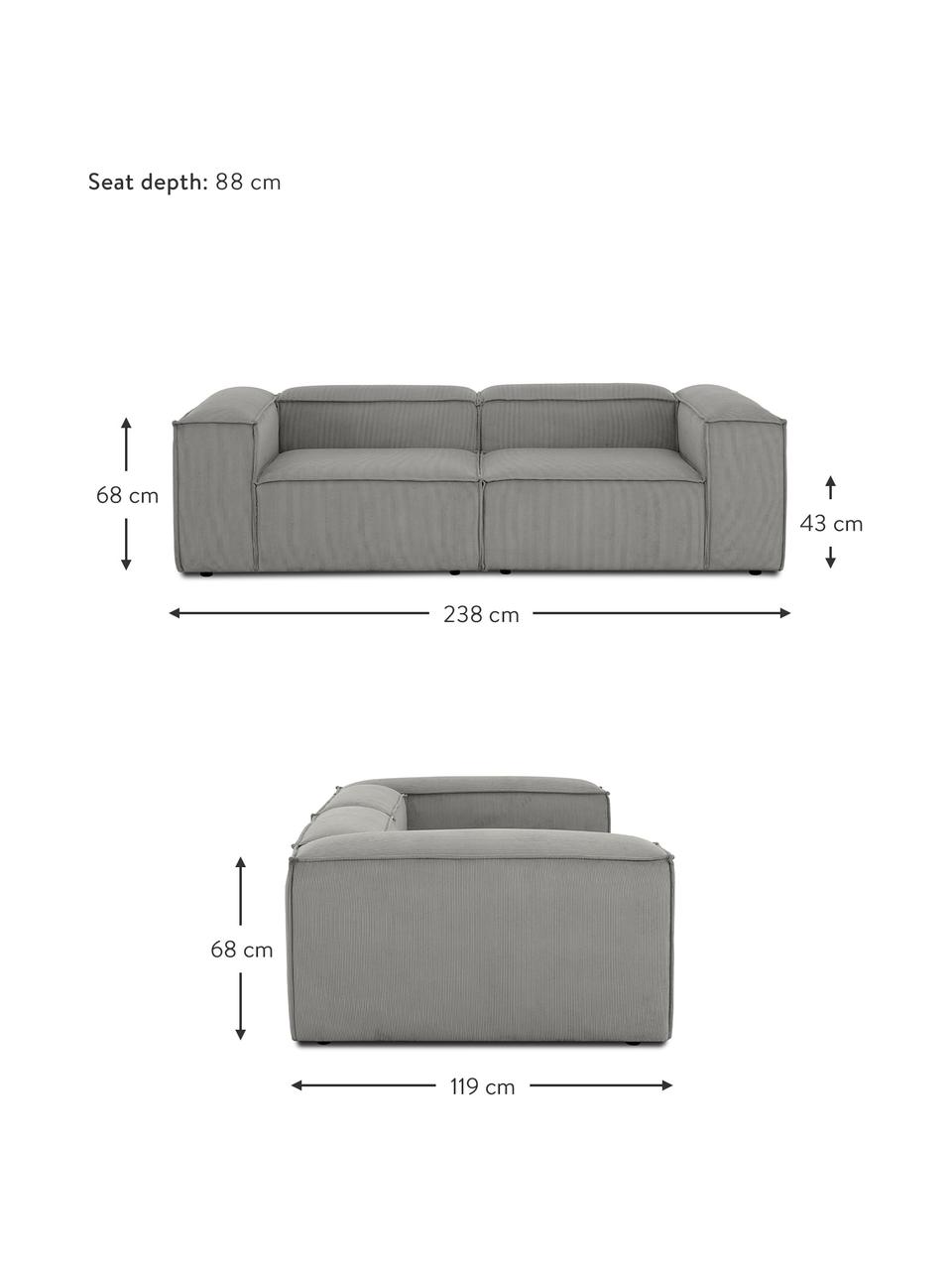 Modulares Sofa Lennon (3-Sitzer) in Grau aus Cord, Bezug: Cord (92% Polyester, 8% P, Gestell: Massives Kiefernholz, Spe, Cord Grau, B 238 x T 119 cm