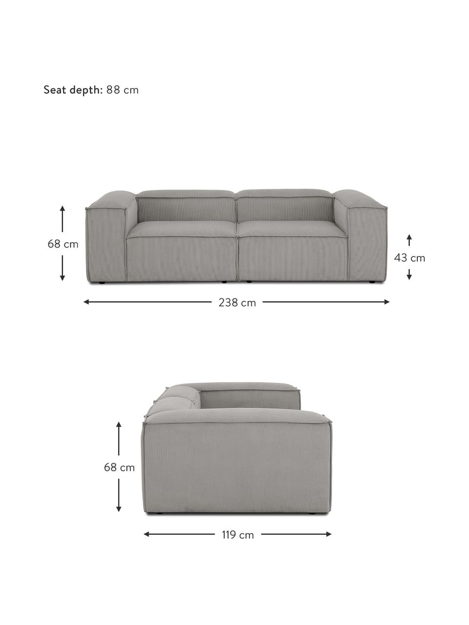 Divano componibile 3 posti in velluto a coste Lennon, Rivestimento: velluto a coste (92% poli, Struttura: legno di pino massiccio, , Piedini: plastica, Velluto a coste grigio, Larg. 238 x Prof. 119 cm