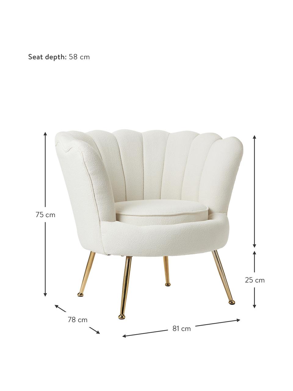 Bouclé cocktailfauteuil Oyster, Bekleding: bouclé (polyester), Frame: eucalyptus-multiplex, Poten: gegalvaniseerd metaal, Bouclé crèmewit, B 81 x H 75 cm