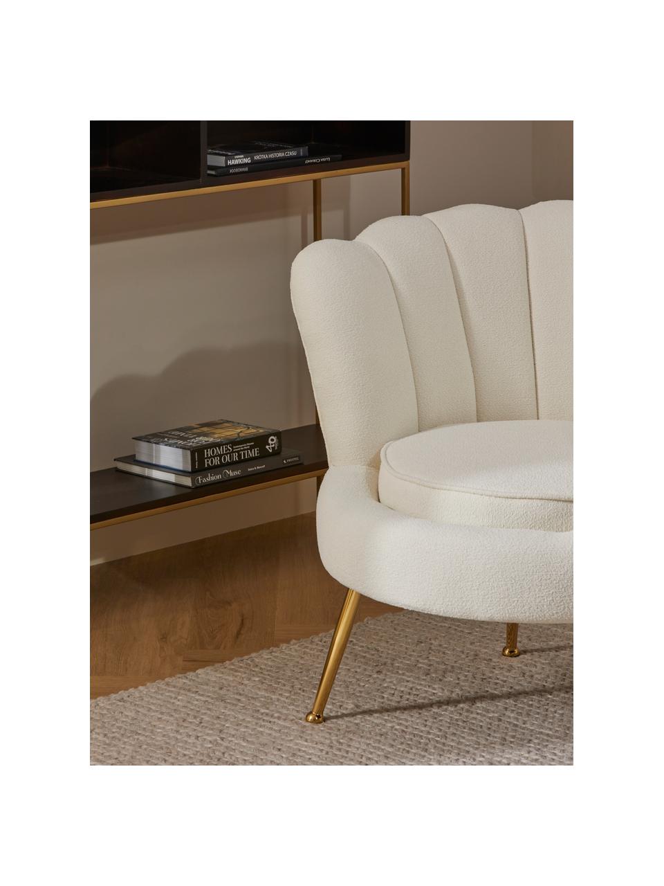 Poltroncina in tessuto bouclé Oyster, Rivestimento: bouclé (poliestere) 20.00, Struttura: multistrato di eucalipto, Gambe: metallo zincato, Bouclé bianco crema, Larg. 81 x Alt. 75 cm