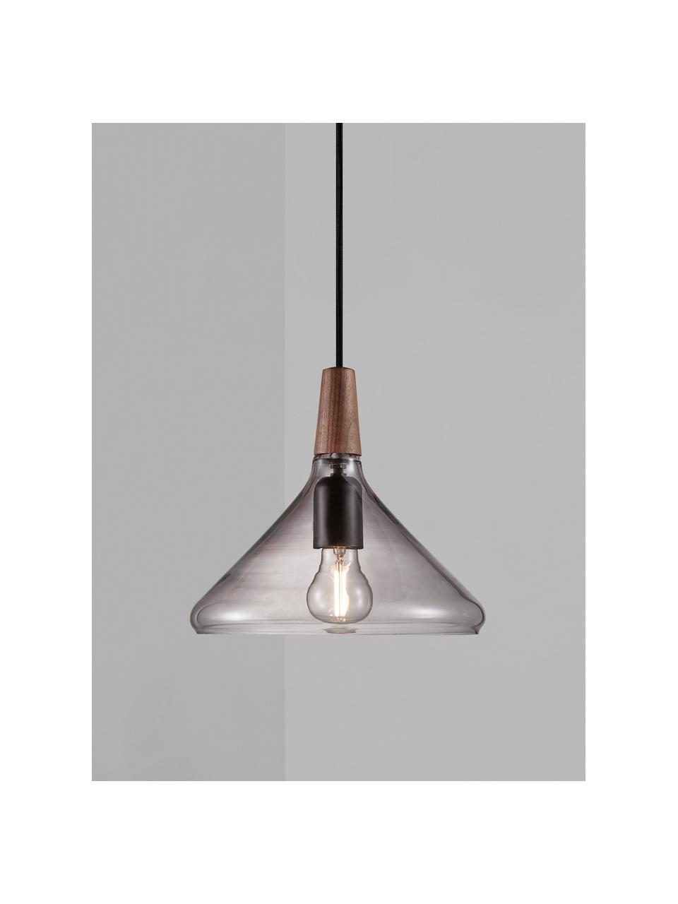 Kleine hanglamp Nori van glas, Lampenkap: glas, Decoratie: hout, Baldakijn: gecoat metaal, Grijs, transparant, Ø 27 x H 25 cm