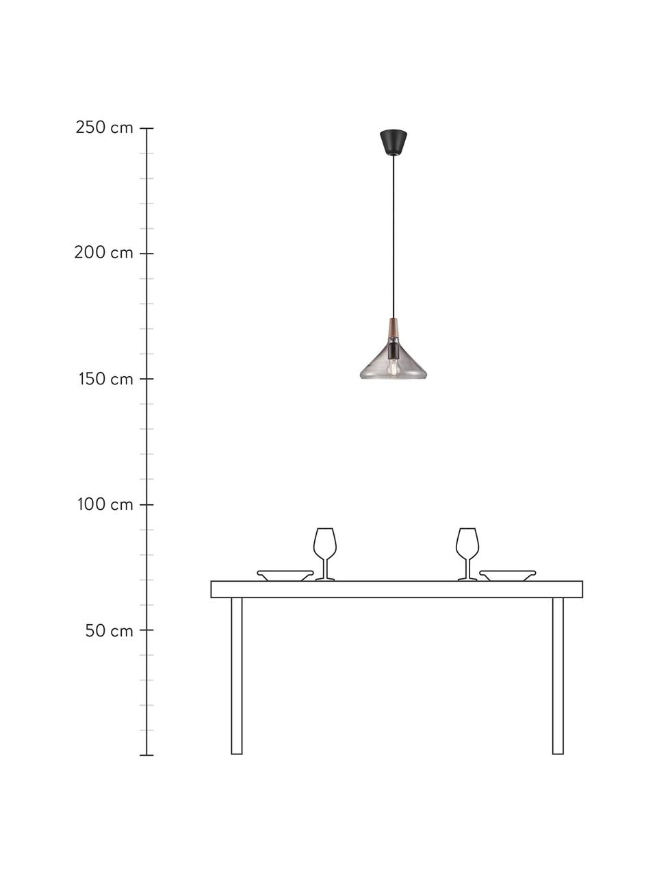 Kleine hanglamp Nori van glas, Lampenkap: glas, Decoratie: hout, Baldakijn: gecoat metaal, Grijs, transparant, Ø 27 x H 25 cm