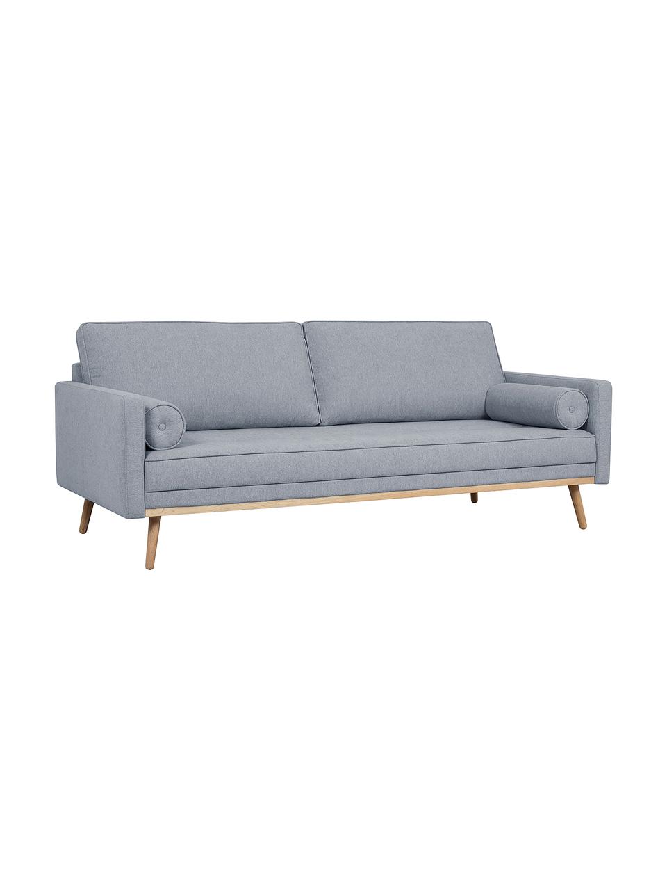 Zitbank Saint (3-zits) in blauwgrijs met eikenhouten poten, Bekleding: polyester De slijtvaste b, Frame: massief grenenhout, spaan, Geweven stof blauwgrijs, B 210 x D 93 cm