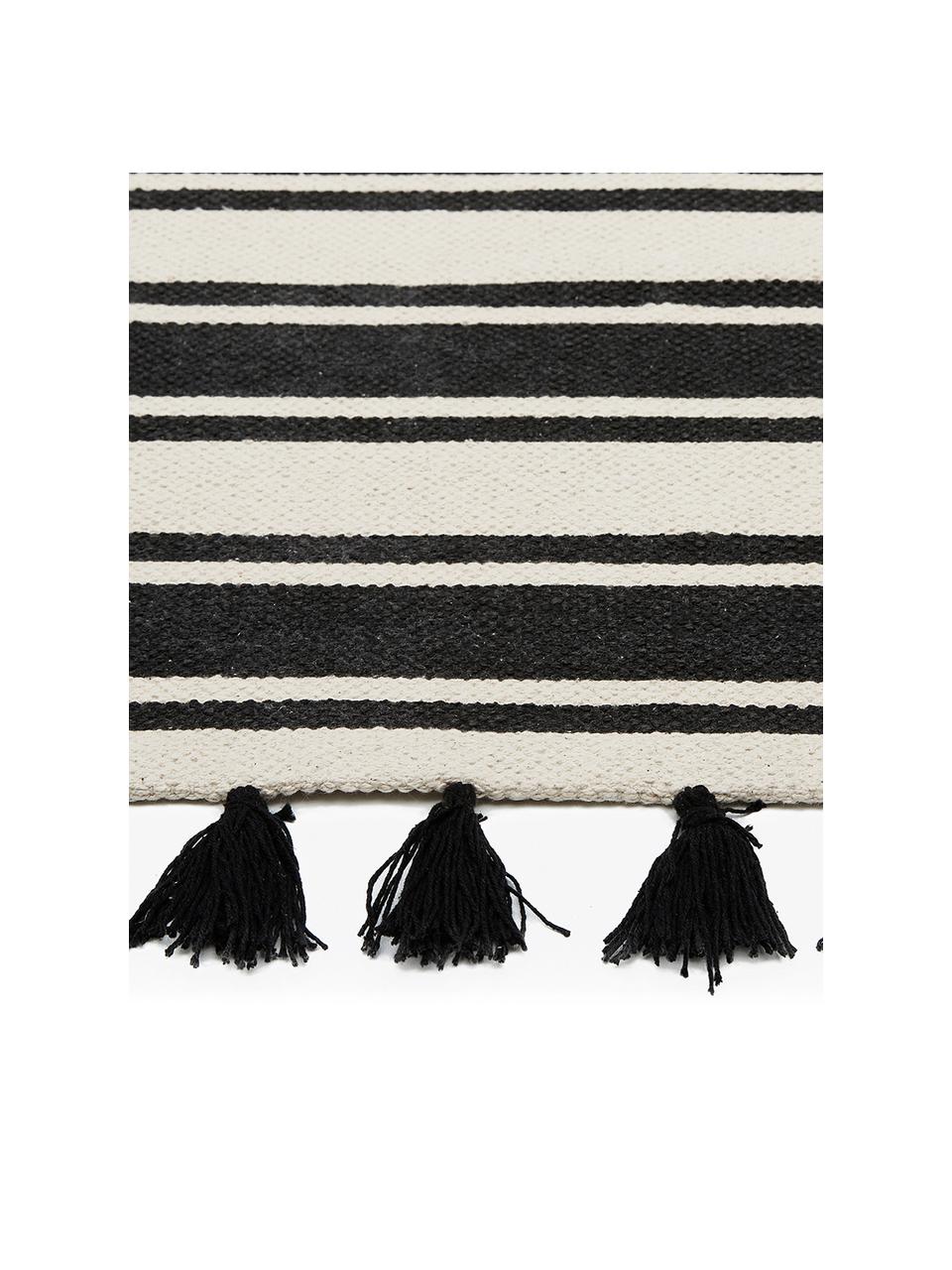 Tapis rayé noir beige tissé main Vigga, 100 % coton, Noir, beige, larg. 120 x long. 180 cm (taille S)