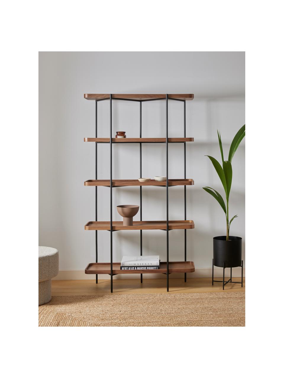 Libreria grande in legno con struttura in metallo Renee, Mensole: pannello di fibra a media, Struttura: metallo verniciato a polv, Legno di noce, Larg. 100 x Alt. 180 cm