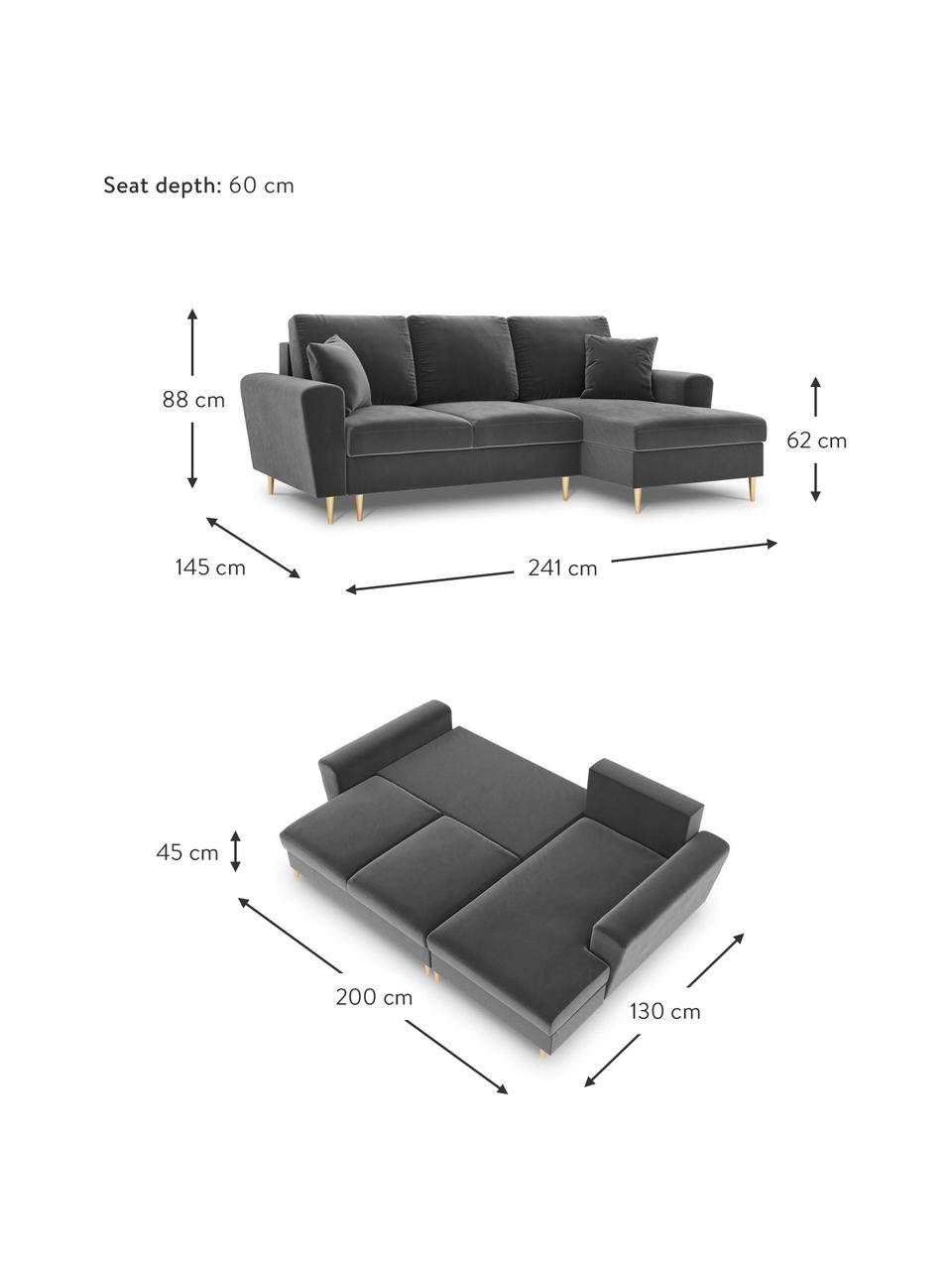Divano letto angolare 4 posti in velluto con contenitore Moghan, Rivestimento: 100% velluto di poliester, Struttura: legno di pino massiccio, , Piedini: metallo rivestito, Velluto grigio, ottonato, Larg. 241 x Prof. 145 cm, chaise-longue a destra