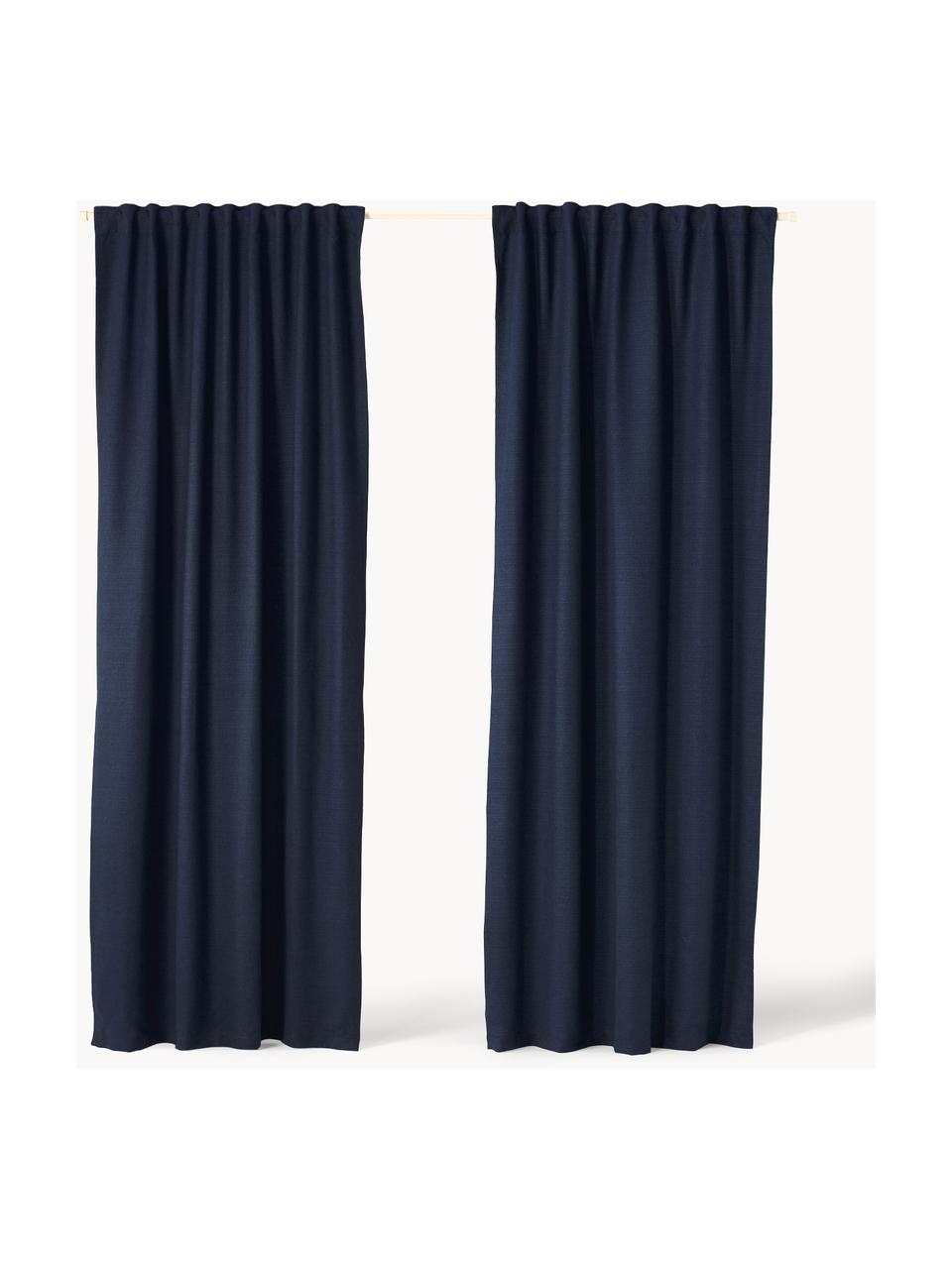 Rideaux opaques avec ruflette multiple Jensen, 2 pièces, 95 % polyester, 5 % nylon, Bleu foncé, larg. 130 x long. 260 cm