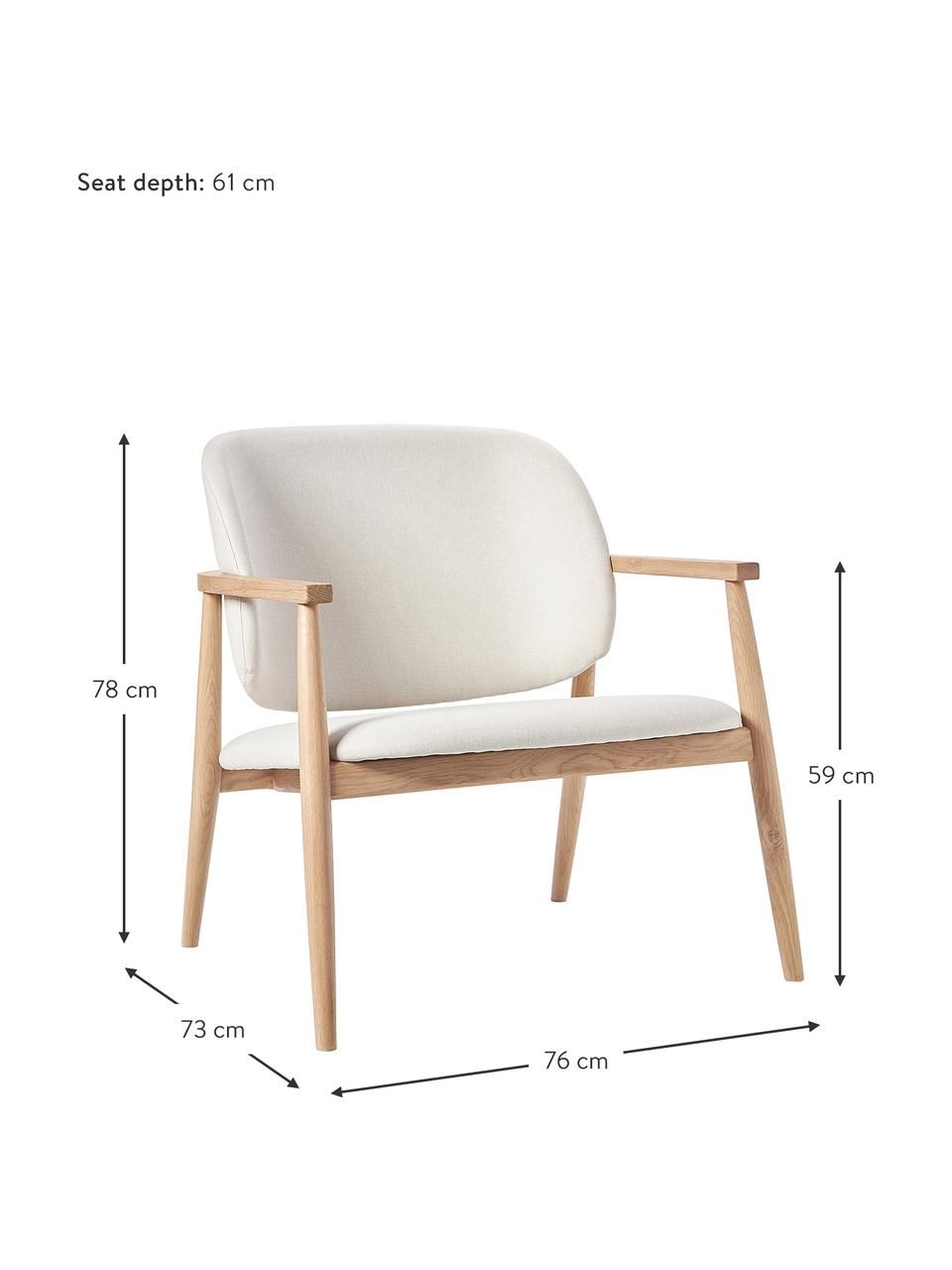 Fauteuil lounge rembourré Aurea, Tissu beige, bois de chêne, larg. 76 x prof. 73 cm