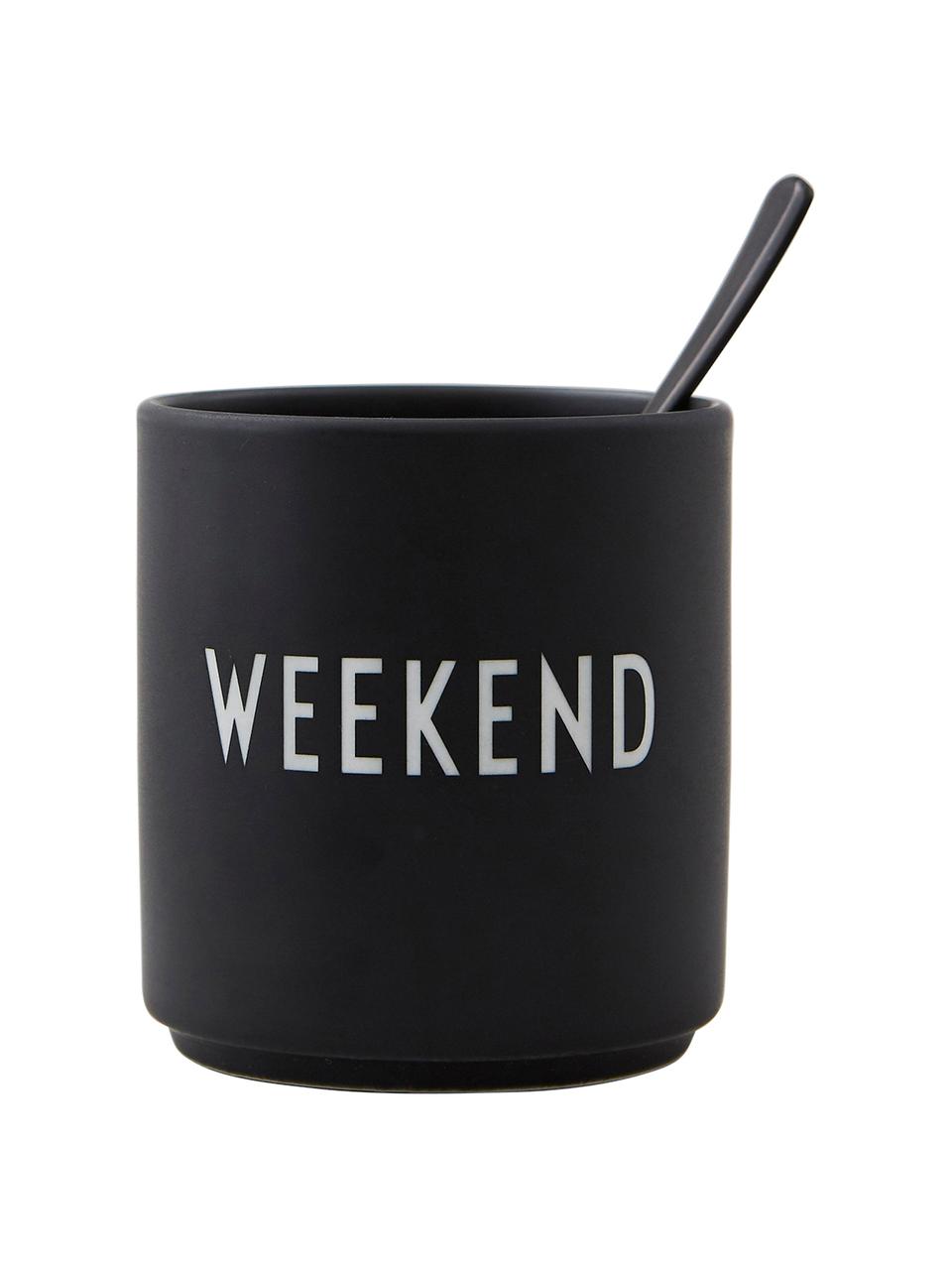 Designový pohárek s nápisem Favourite WEEKEND, Kostní porcelán Fine Bone China
Fine Bone China je jemný porcelán, který se vyznačuje zejména svým zářivým a průsvitným leskem, Černá (Weekend), Ø 8 cm, V 9 cm, 250 ml