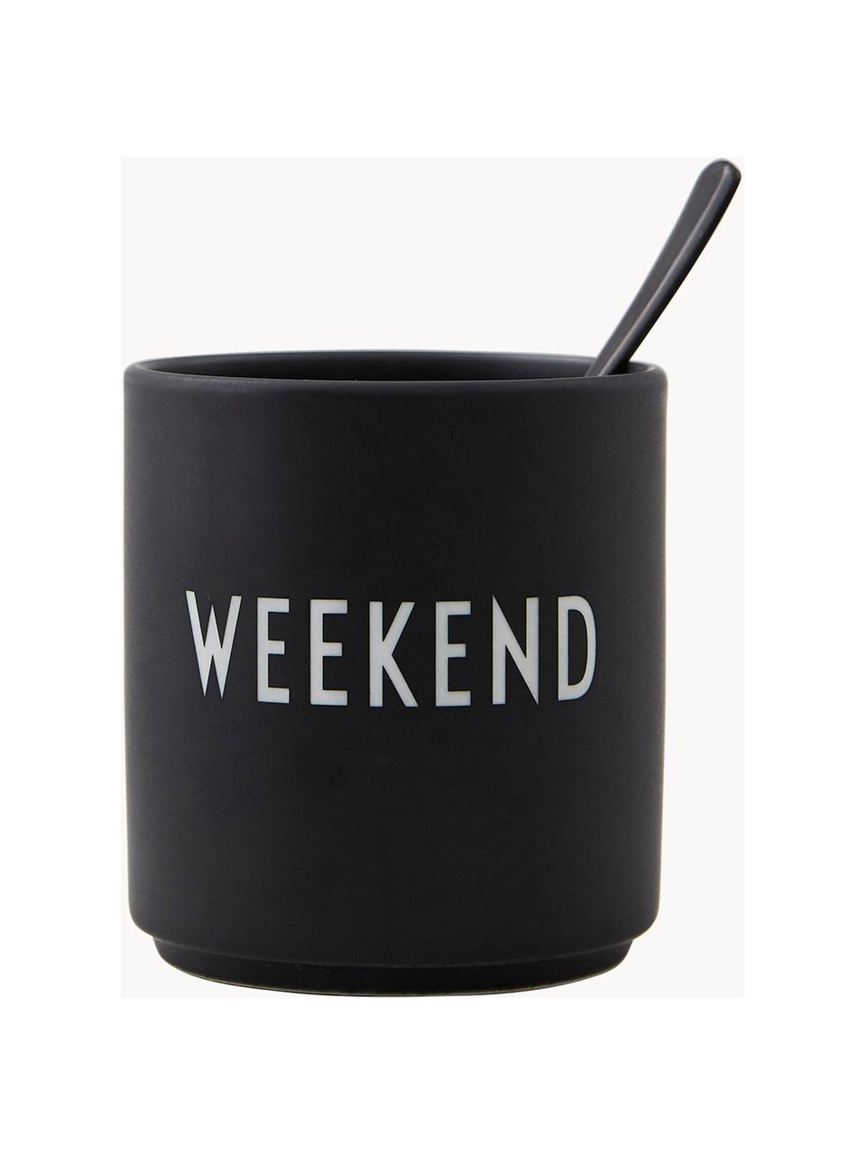 Design beker Favourite WEEKEND met opschrift, Beenderporselein (porselein)
Fine Bone China is een zacht porselein, dat zich vooral onderscheidt door zijn briljante, doorschijnende glans., Zwart (Weekend), Ø 8 x H 9 cm, 250 ml